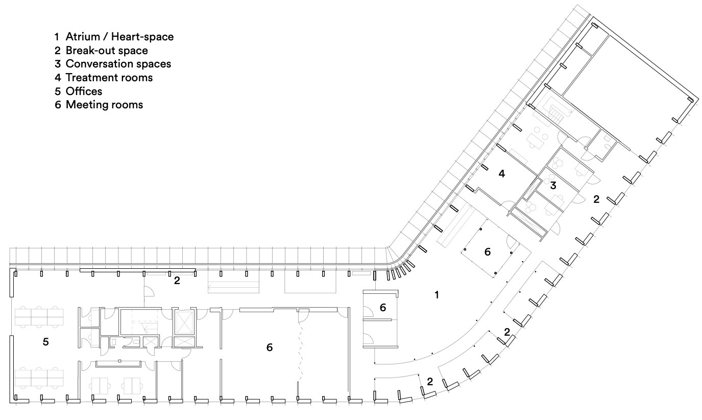 Floor plan drawing depicting conversation spaces and meeting rooms arranged along a curved circulation spine