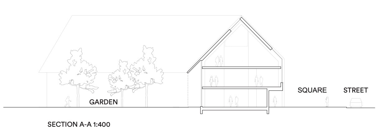 Section drawing showing a pitched-roof volume with two levels adjacent to a garden and neighboring house