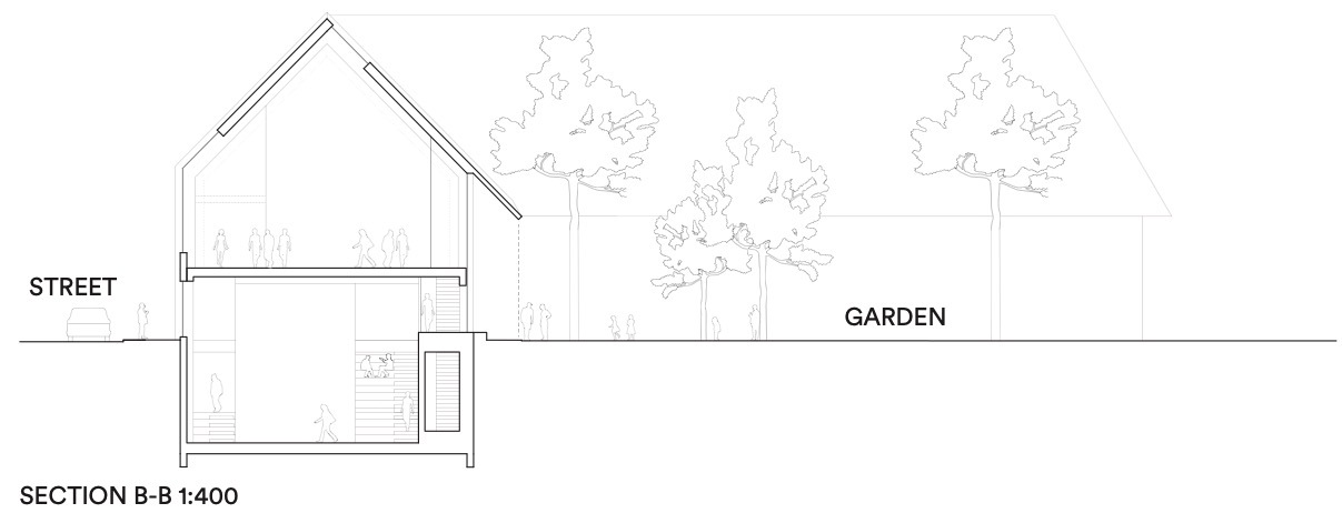 Section drawing illustrating a gabled structure with ground-level entry facing a tree-lined garden