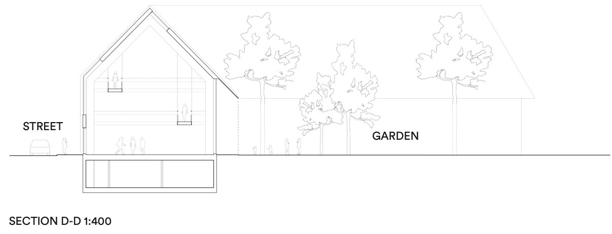 Section drawing displaying a sloped-roof building with a partial basement level opening to a garden