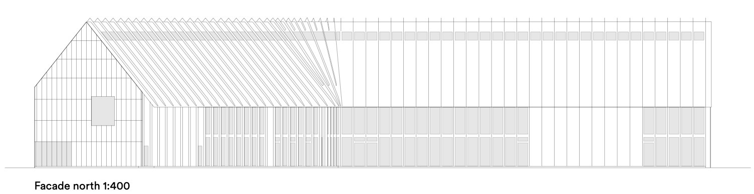 North elevation drawing showing a gabled volume with vertical cladding and hatched roof detail