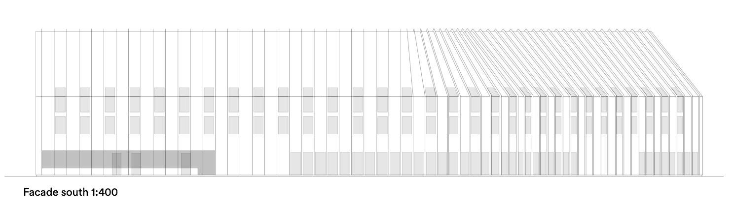 South elevation drawing depicting a long facade with regular vertical slats and sloped roof