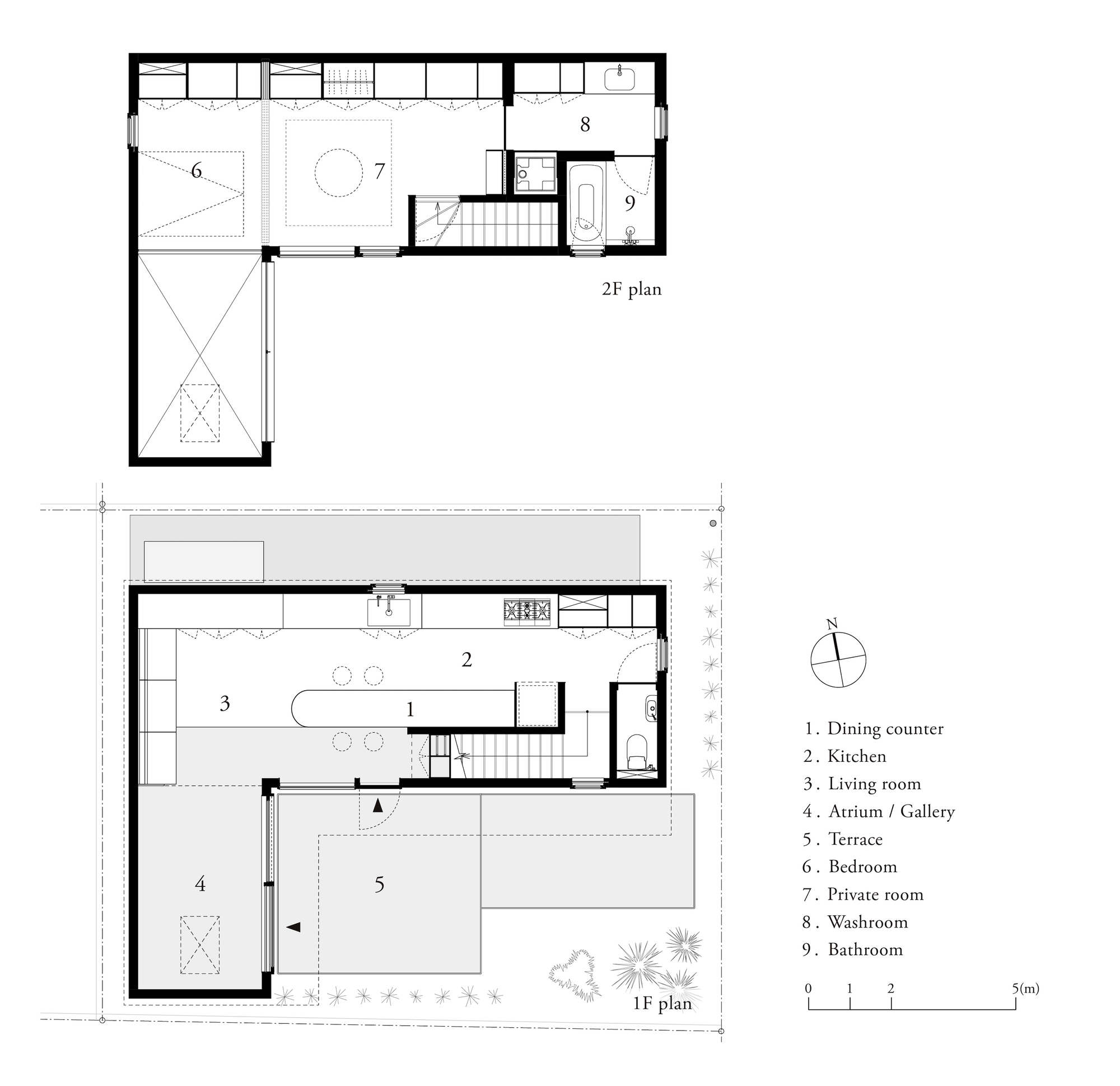 Floor plan drawings of both levels showing an L-shaped layout with central staircase and labeled rooms