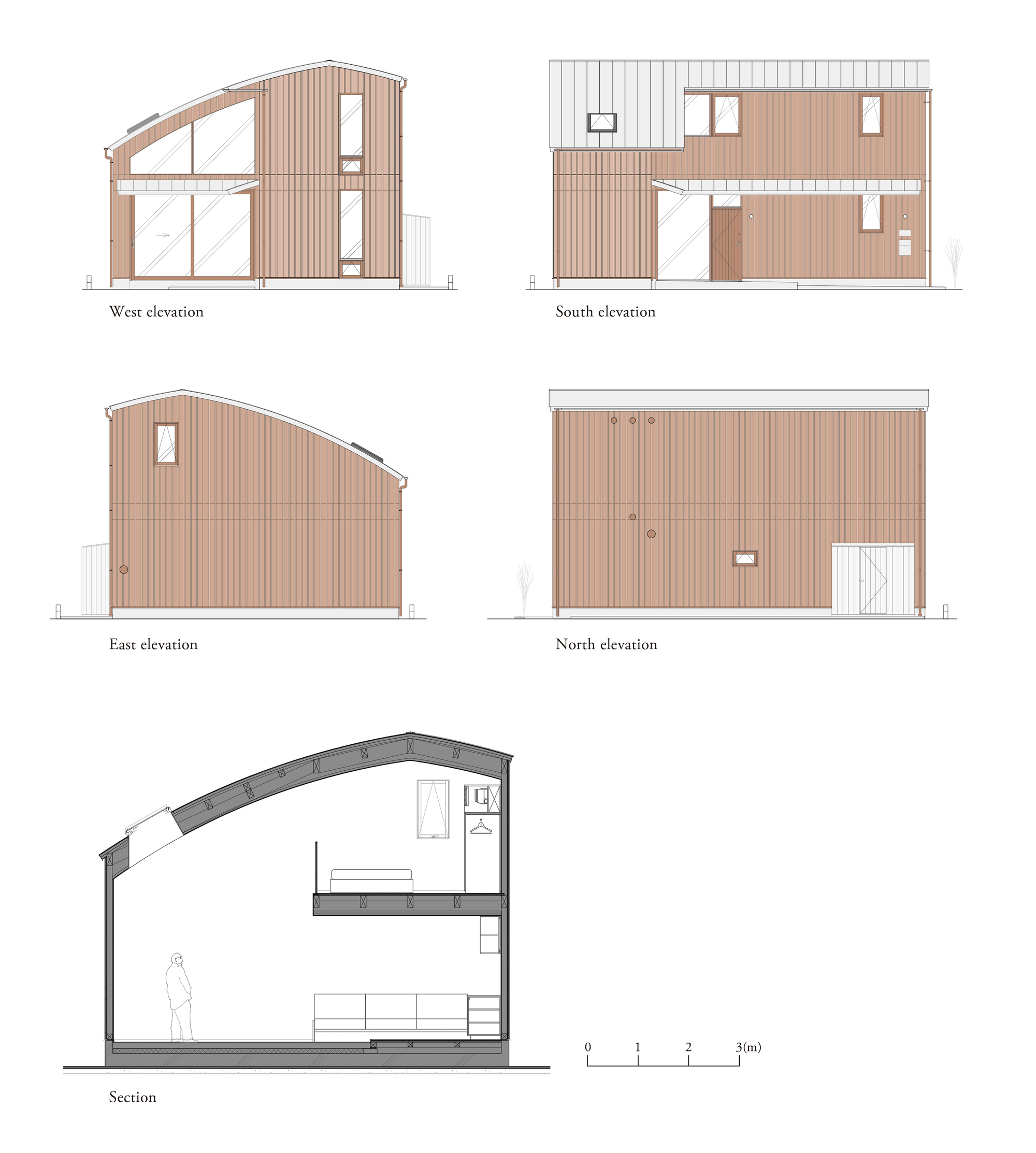 Elevation and section drawings showing a barrel-vaulted roof form with timber cladding and window openings