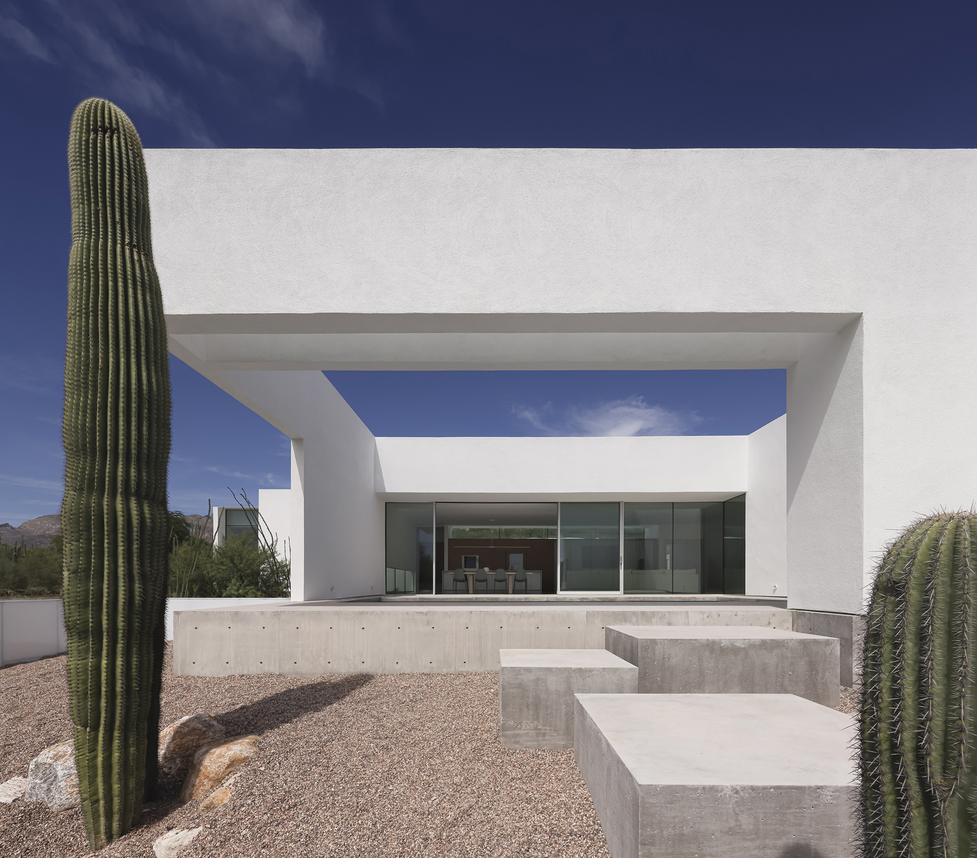 Covered terrace with concrete seating blocks and saguaro cacti flanking the glazed volume beyond