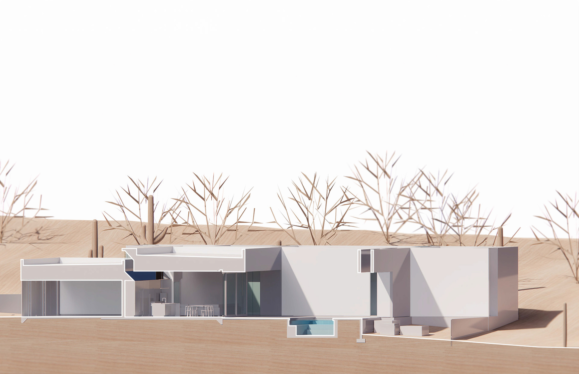 Section model view revealing interior spaces and pool court with sparse vegetation in the landscape