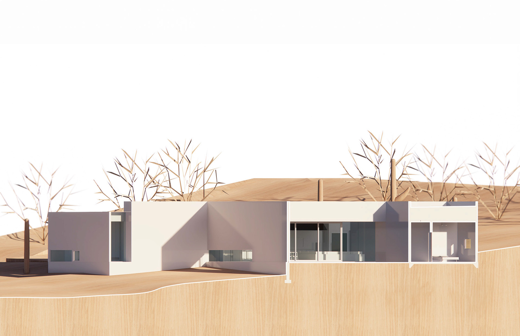 Physical model elevation showing rectilinear volumes with horizontal ribbon windows and timber screening below the roof plane