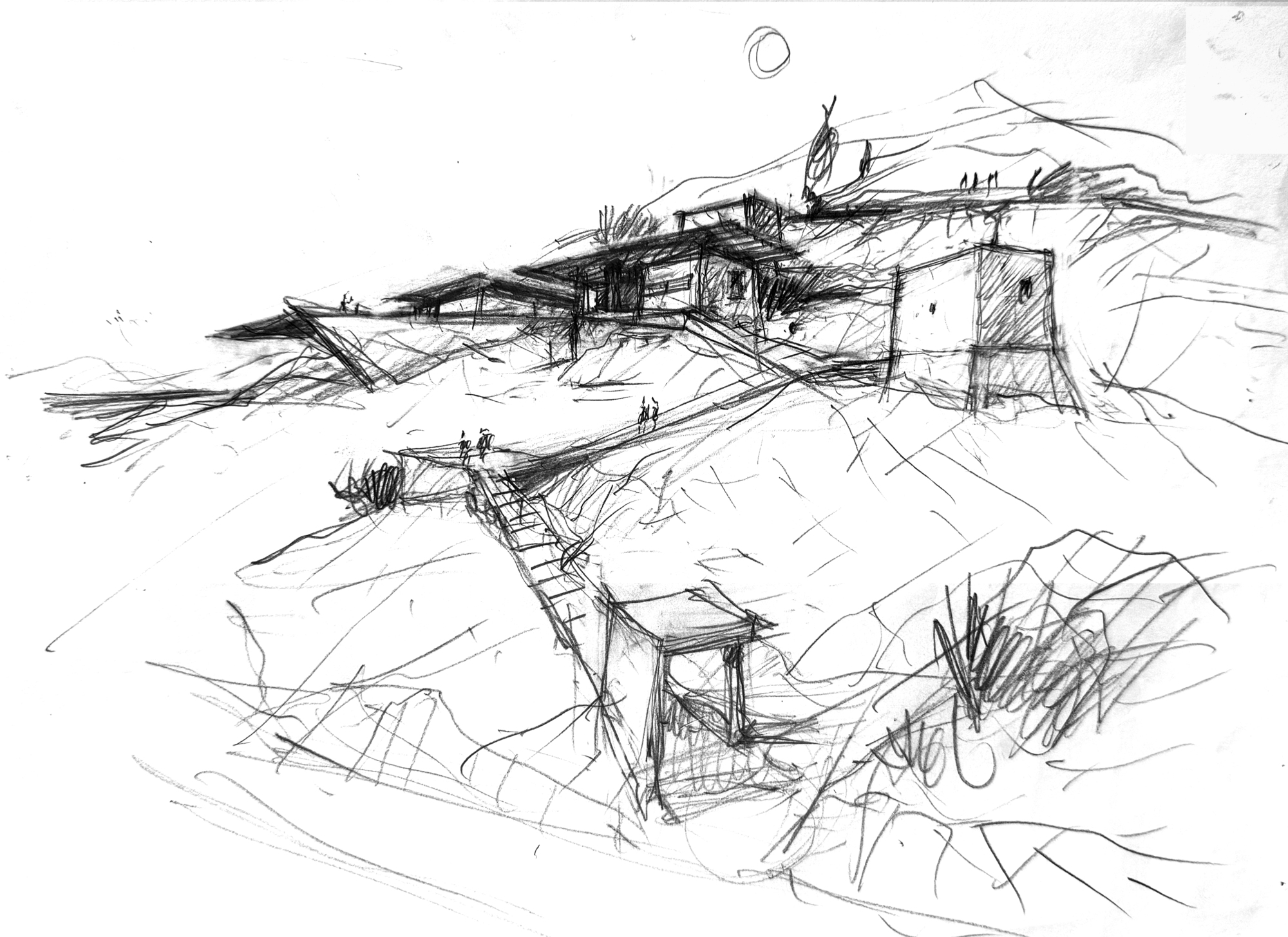 Perspective sketch of a hillside residence with figures walking on paths and vegetation