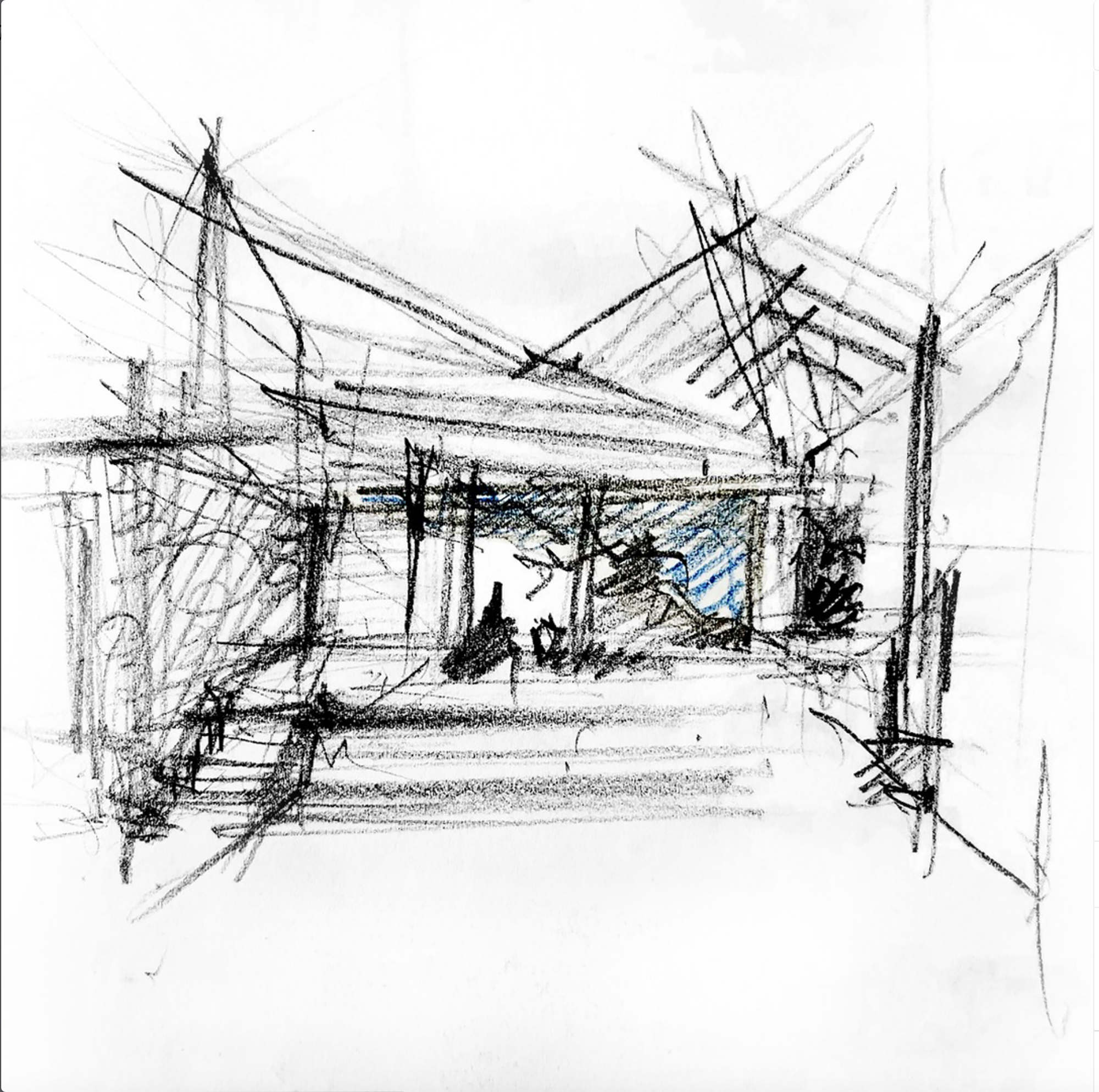 Interior perspective sketch showing an entrance hall with stairs and angled ceiling planes