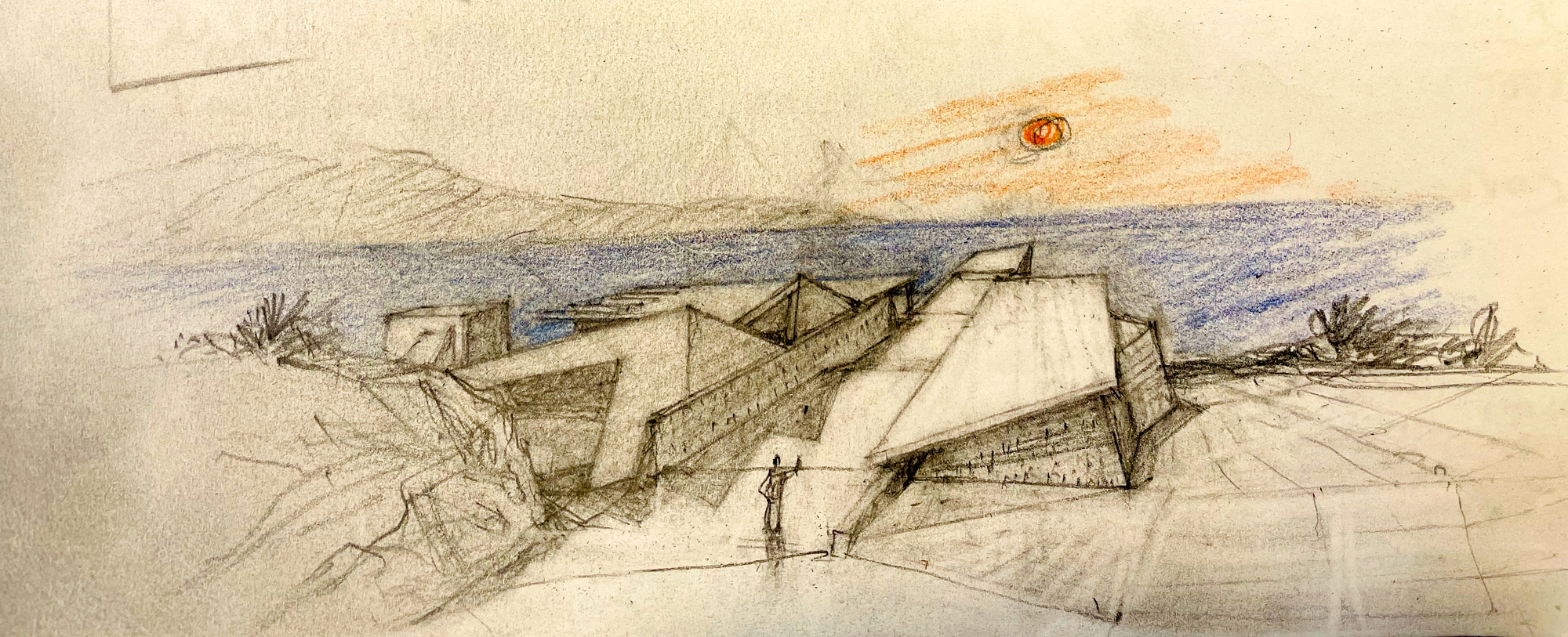 Colored perspective sketch of angular volumes set into a sloping landscape at sunset