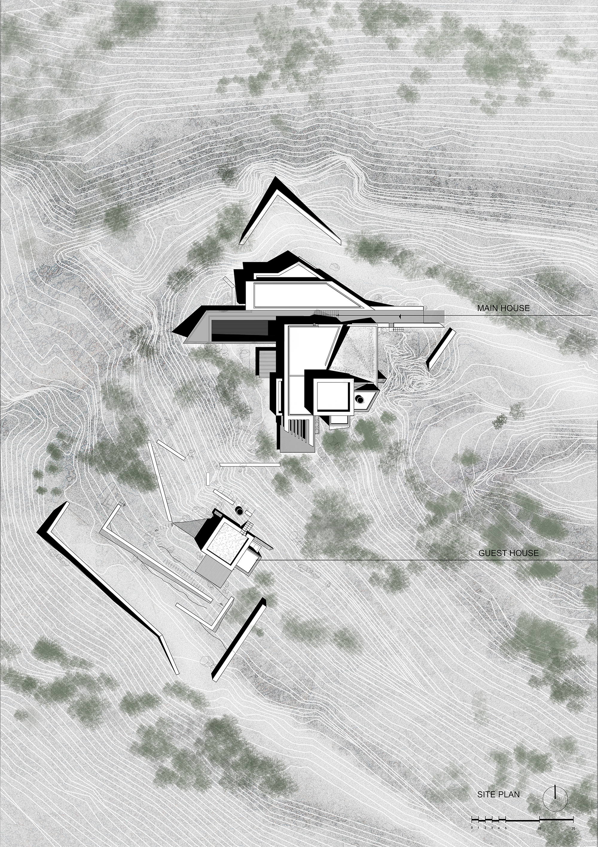 Site plan drawing showing building footprints with topographic contours and scattered vegetation