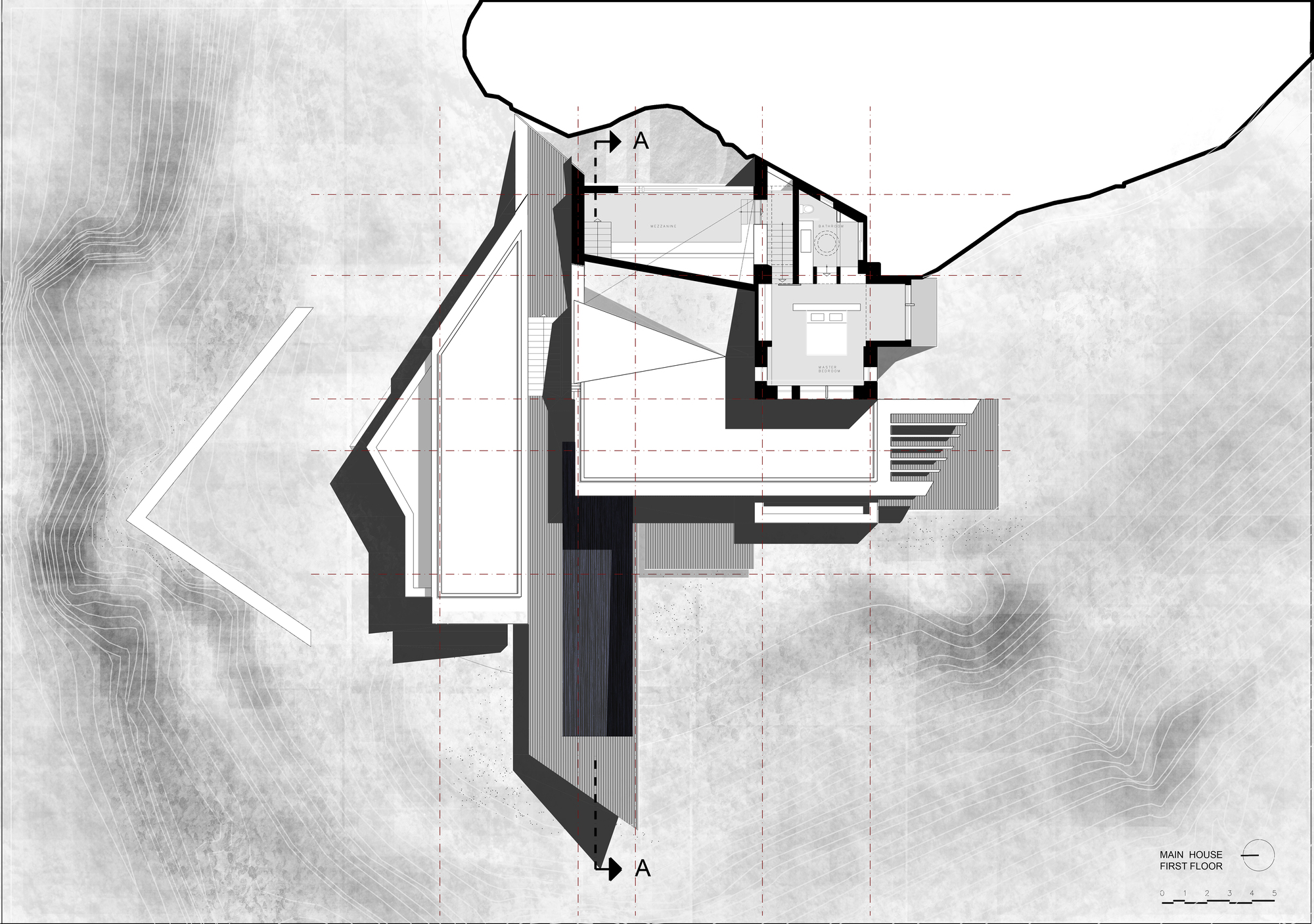 First floor plan drawing showing cantilevered volumes over shaded topography