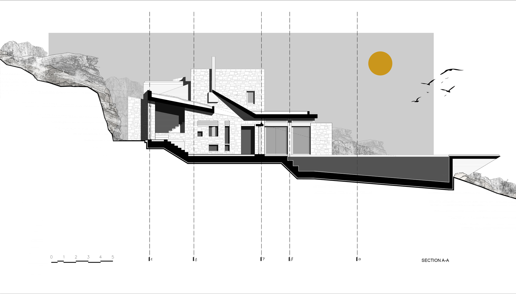 Section drawing through the house showing stepped volumes following the hillside terrain with birds in the sky