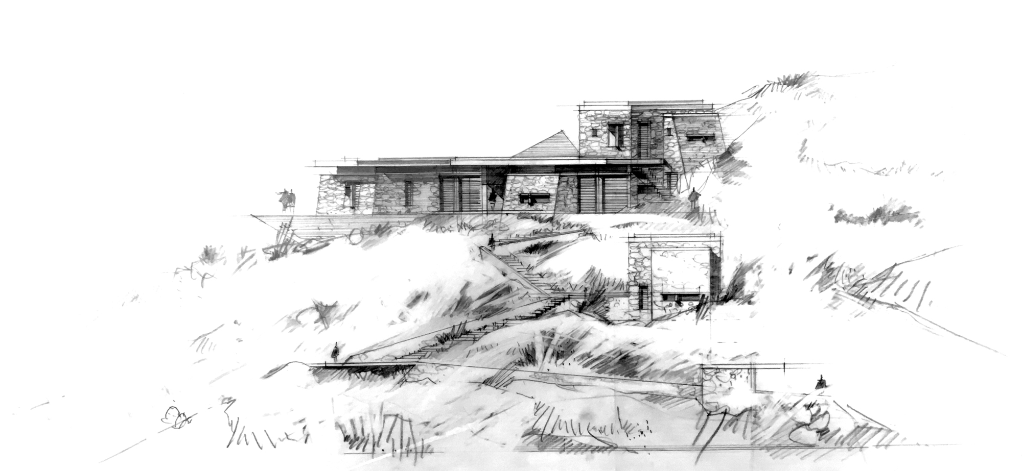 Sketch perspective of the terraced house embedded into the hillside with vegetation