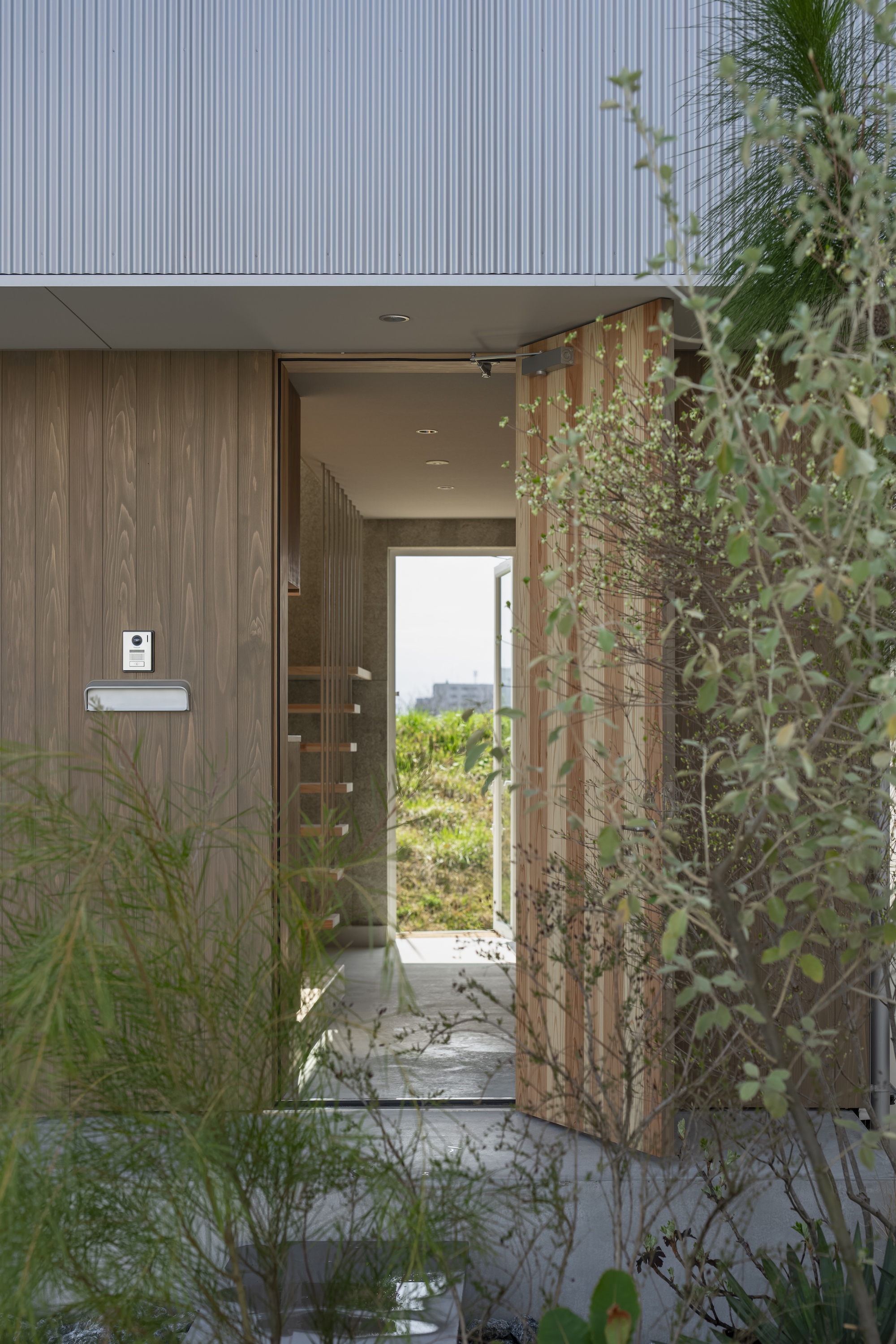 Entrance threshold framed by timber cladding and weathered steel screen with grasses in foreground