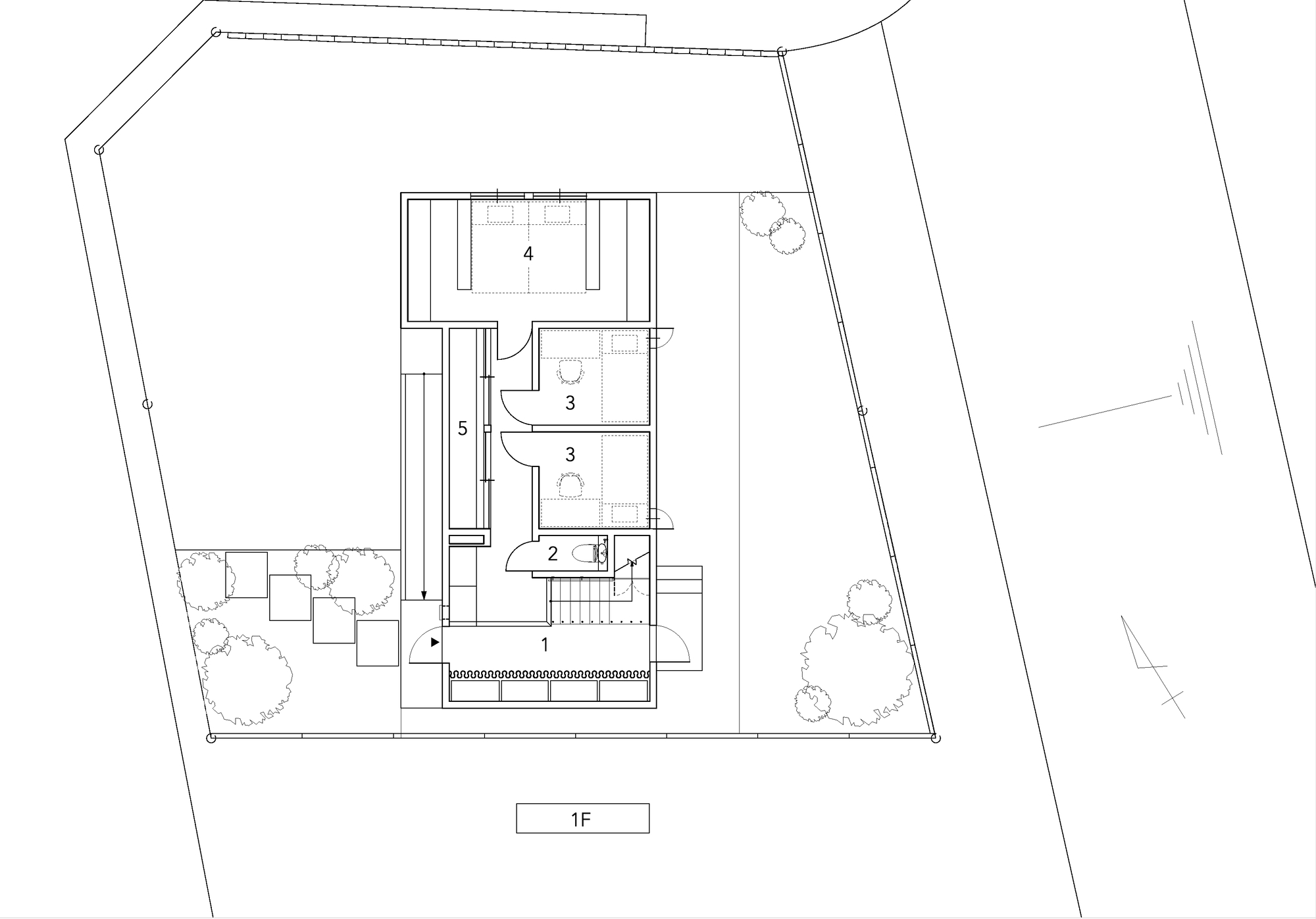 First floor plan drawing showing interconnected rooms and landscaped site boundaries