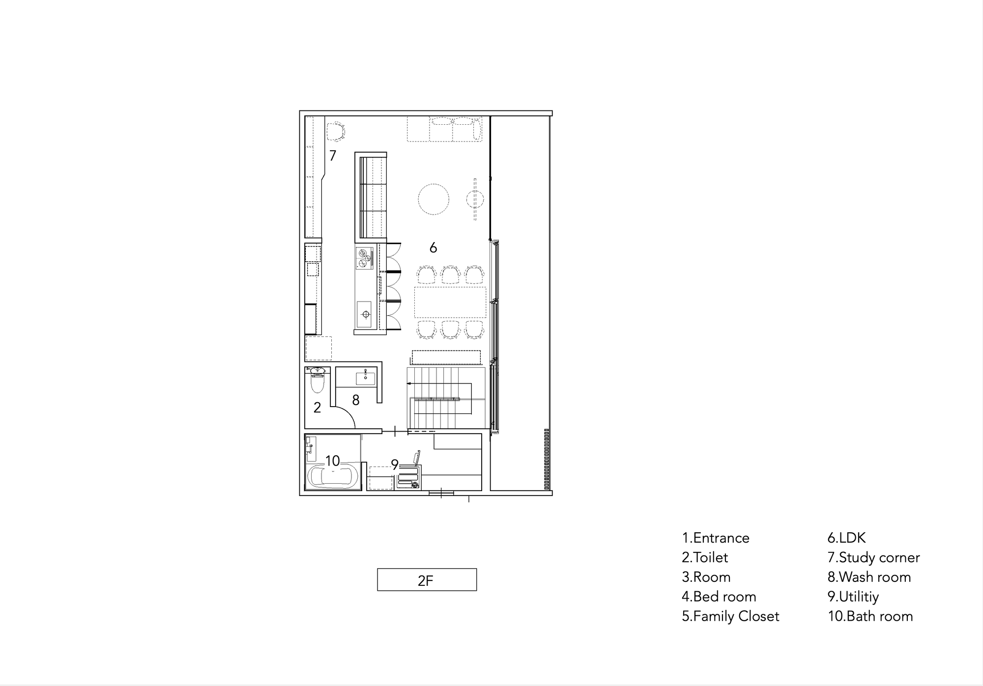 Second floor plan drawing showing open living and dining area with stairwell and labeled rooms