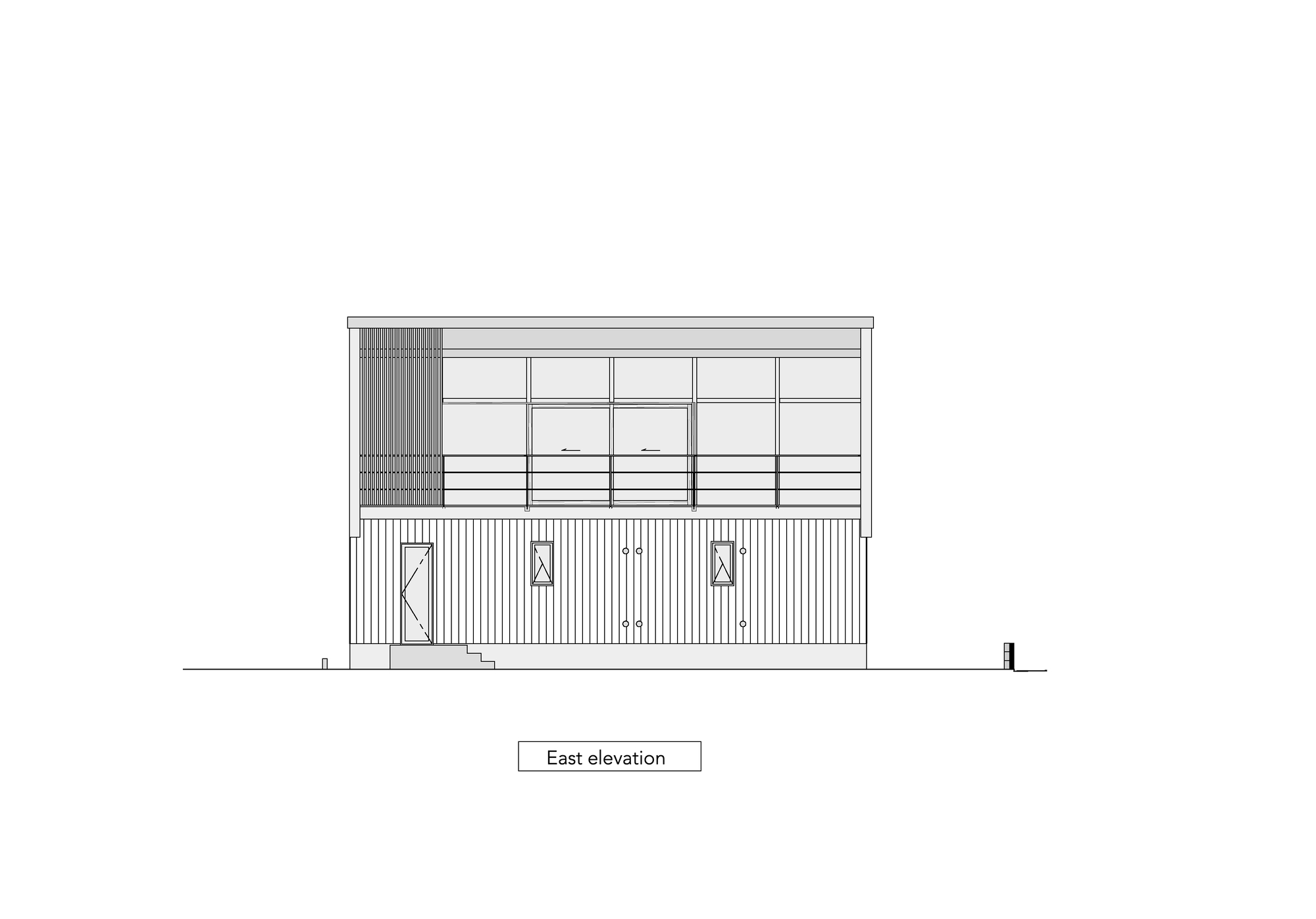 East elevation drawing showing two-story volume with vertical timber cladding and glazed upper level