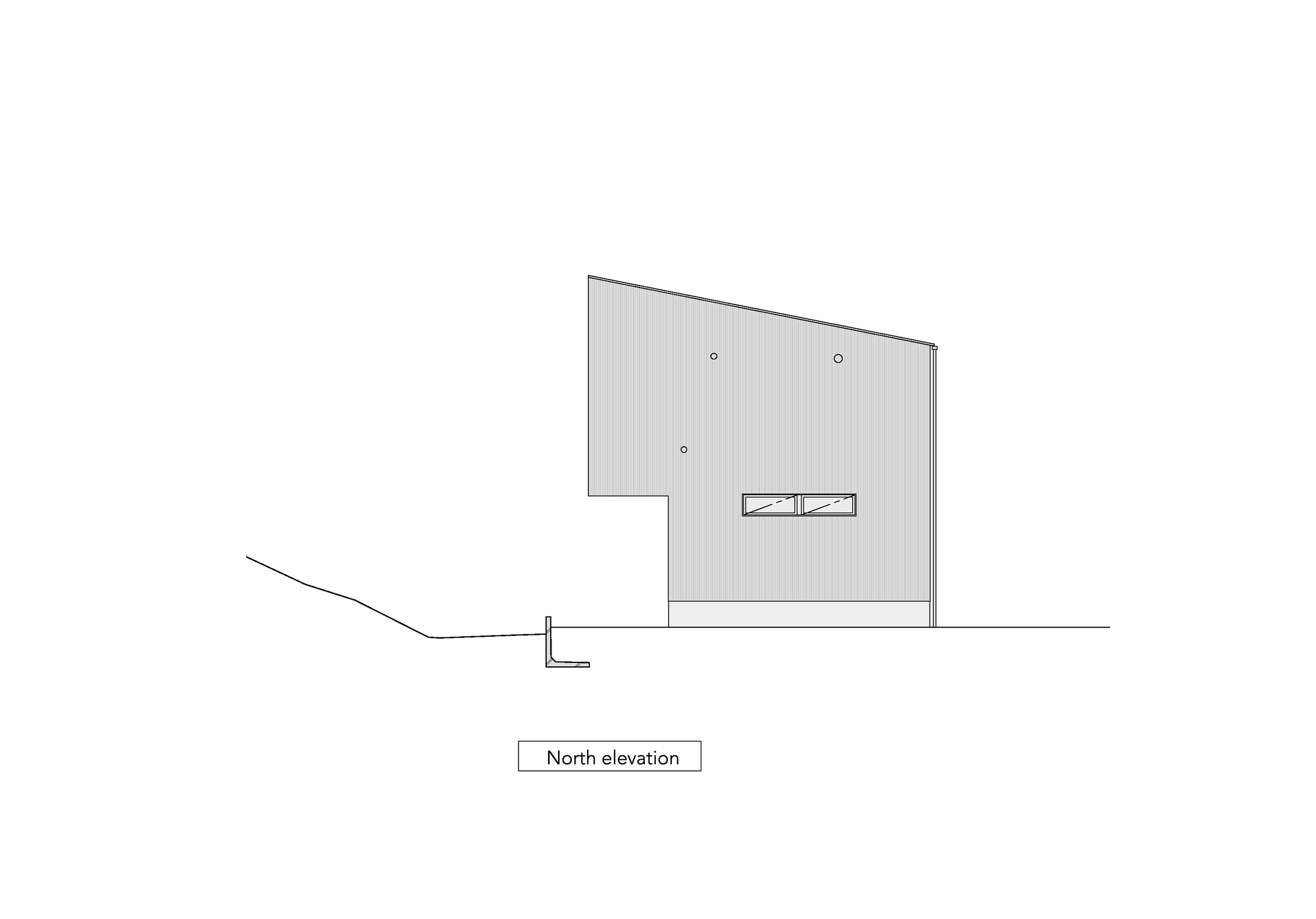 North elevation drawing showing an angular volume with vertical cladding and a sloped terrain line