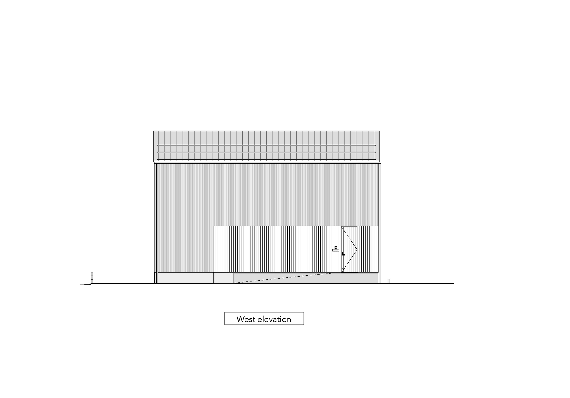 West elevation drawing displaying a flat-roofed volume with clerestory band and slatted lower facade
