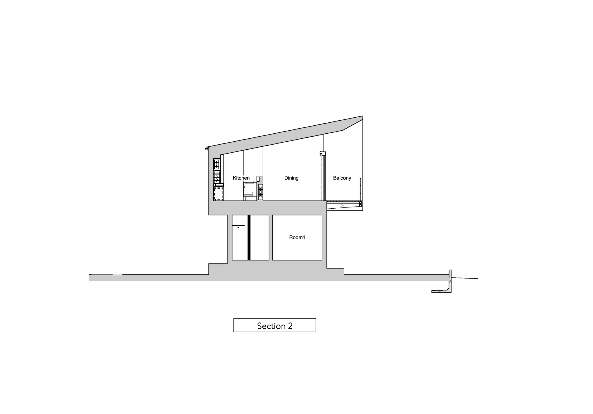 Section drawing illustrating the curved roof profile and split-level interior with labeled rooms