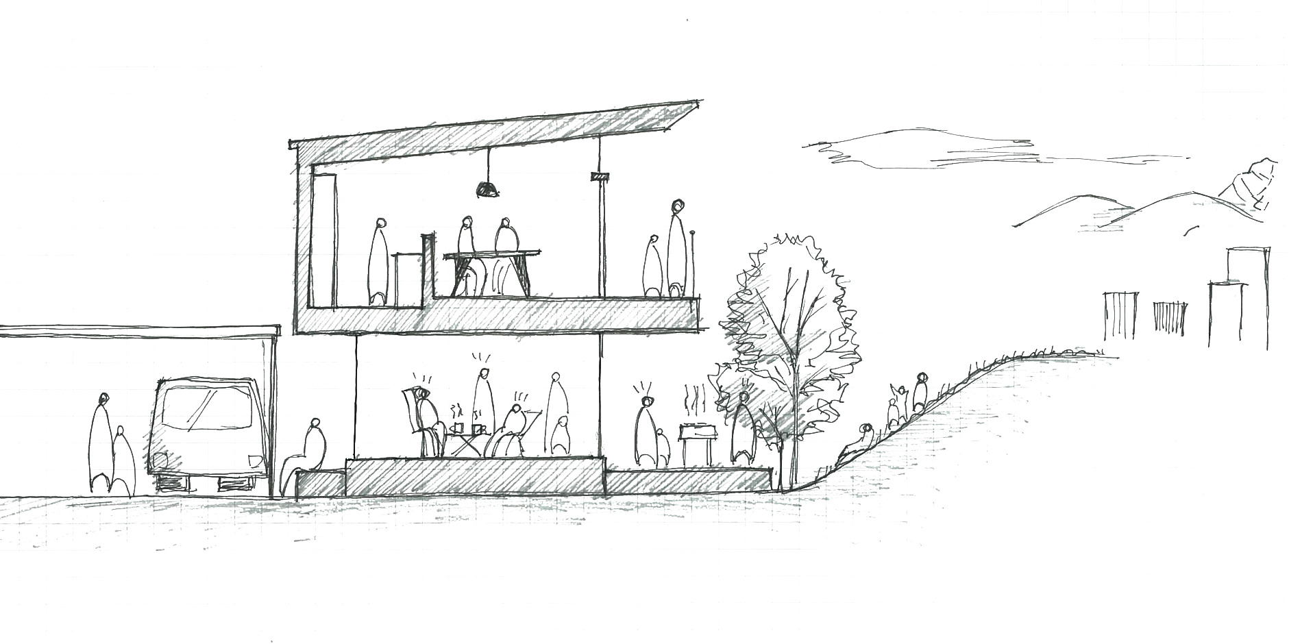 Sketch section with people on two levels, a parked vehicle, and hillside landscape beyond