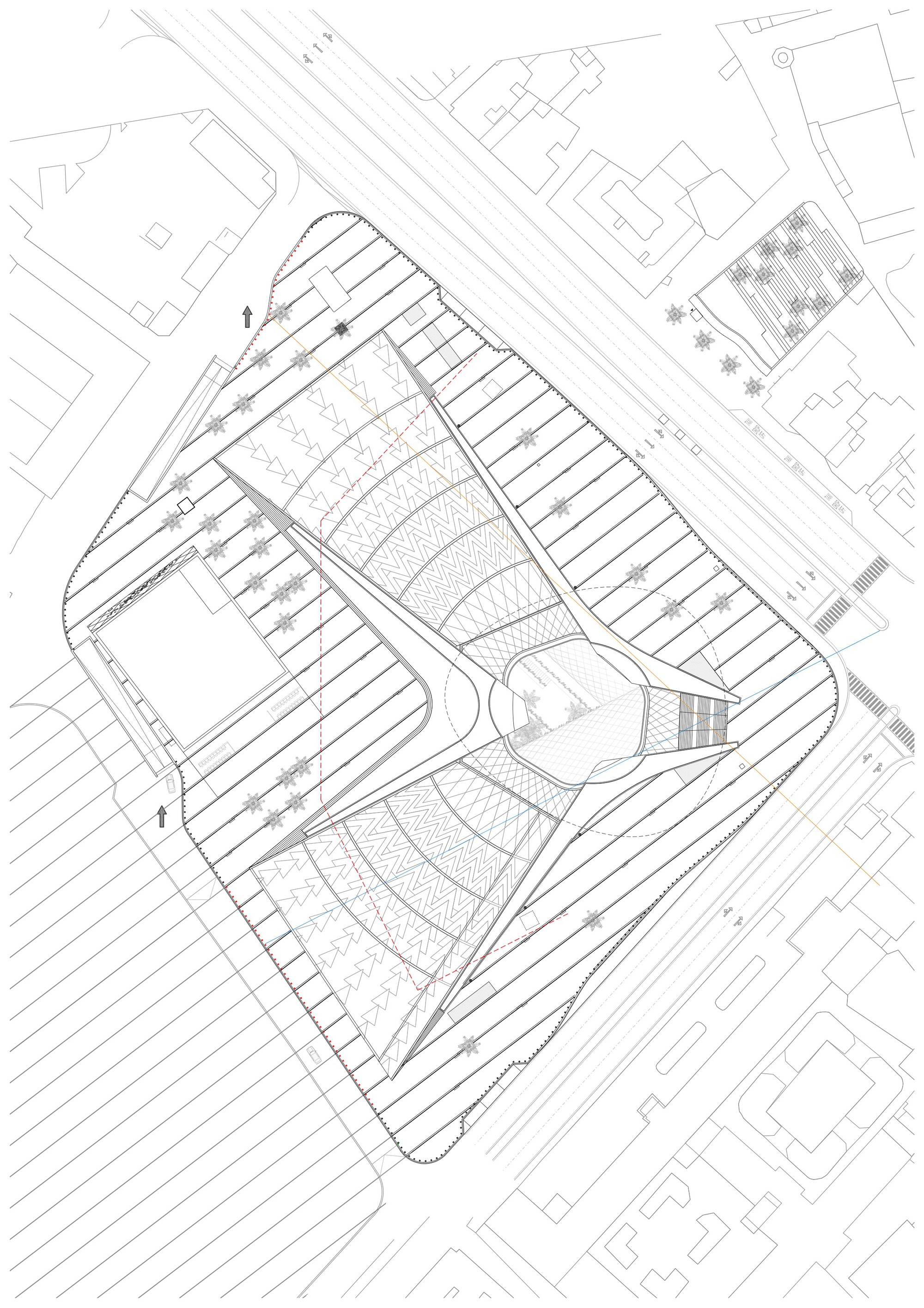 Site plan drawing showing the triangular plaza layout with diagonal striping pattern and surrounding urban fabric