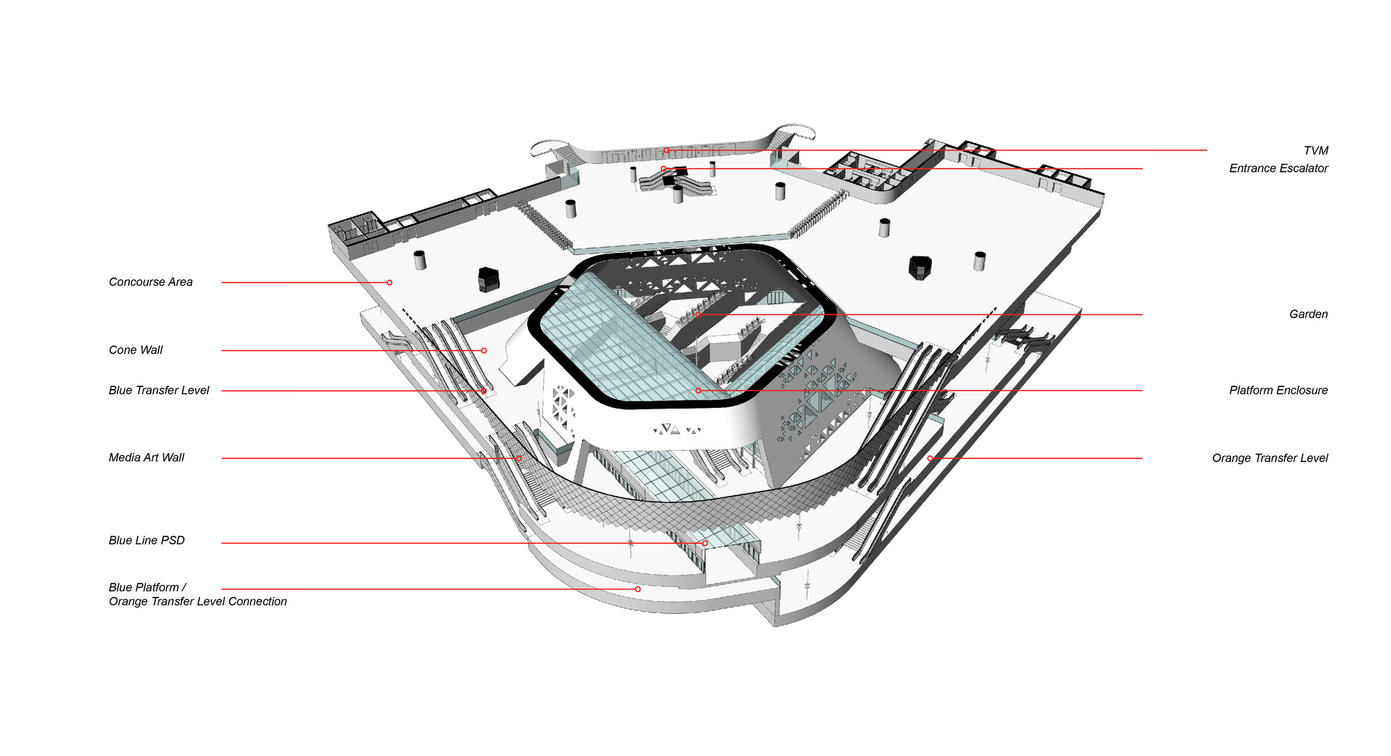 Axonometric view exposing vertical circulation cores and stepped platforms wrapping the central hexagonal void