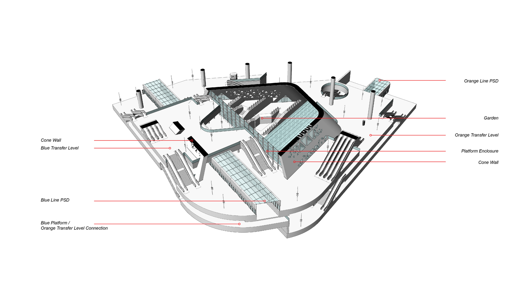 Axonometric diagram highlighting glass canopy over pool and terraced garden areas at multiple levels