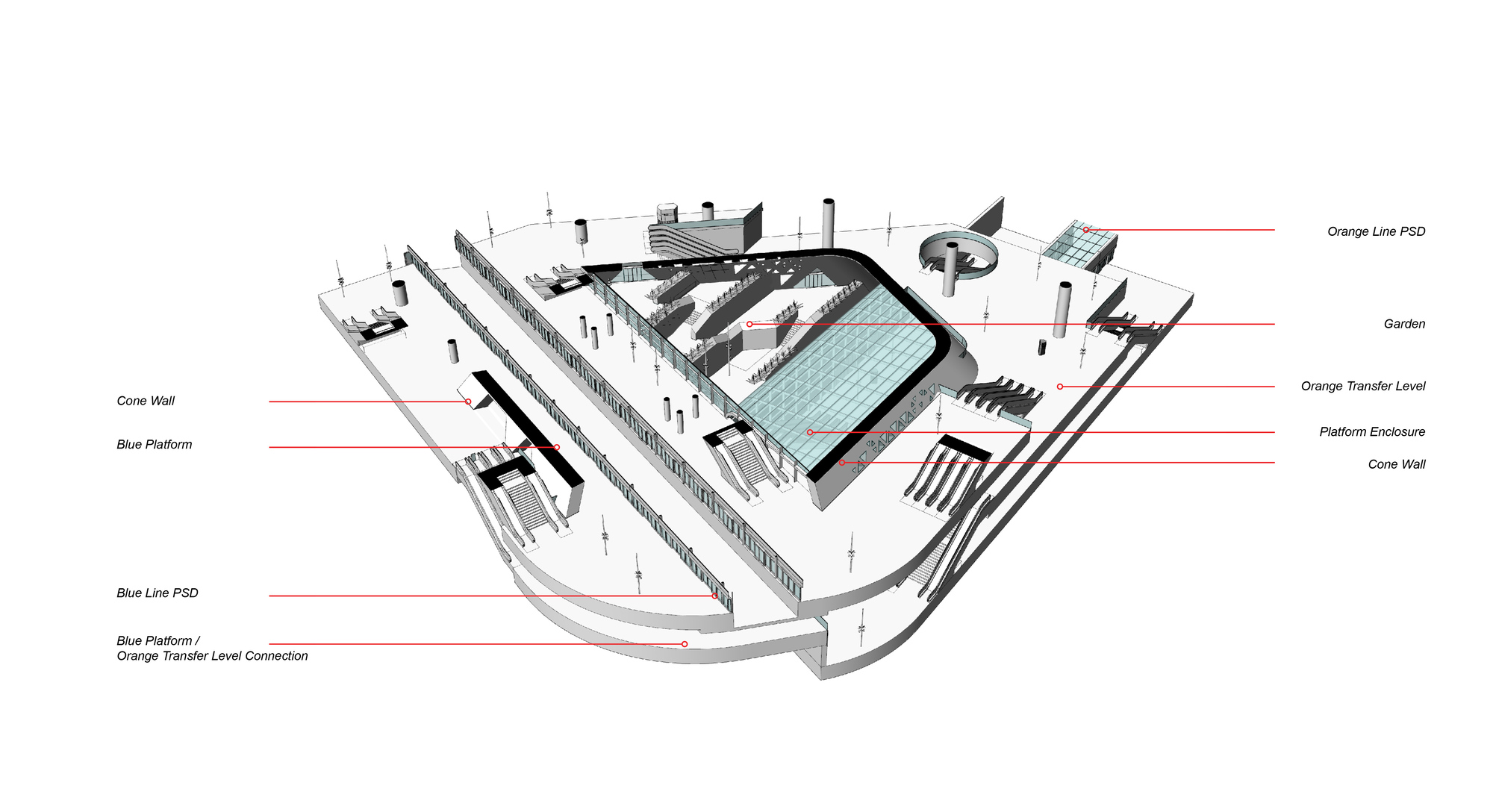 Axonometric section showing linear platform edge and hexagonal core with skylit pool below