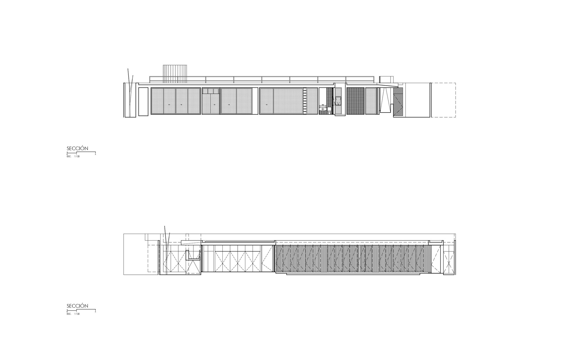 Section drawings revealing interior spatial divisions with glazed openings and textured wall treatments