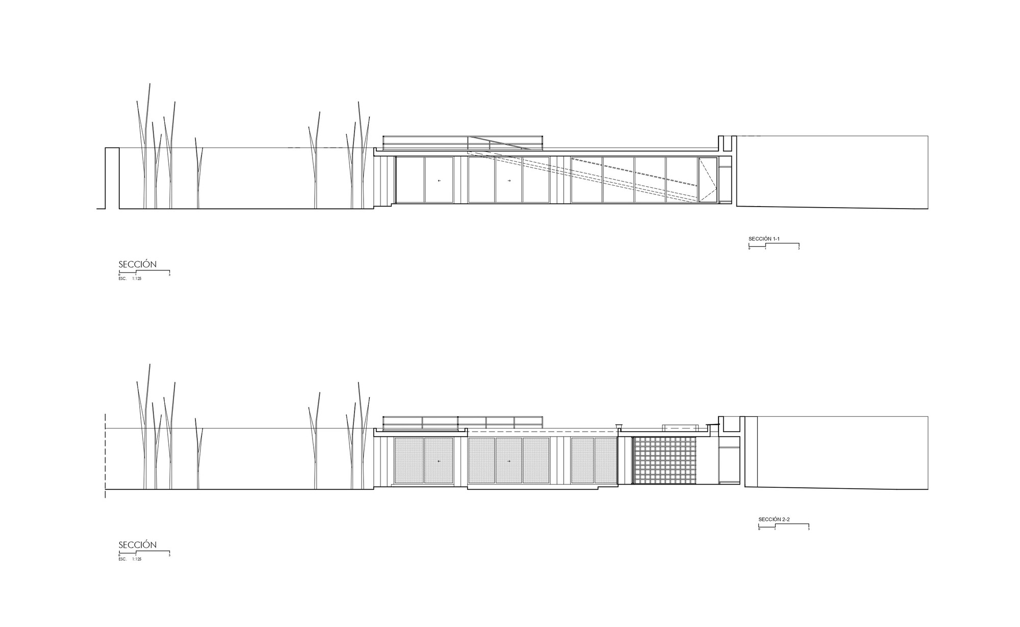 Section drawings showing the low-slung profile with glazed facades and surrounding tree plantings