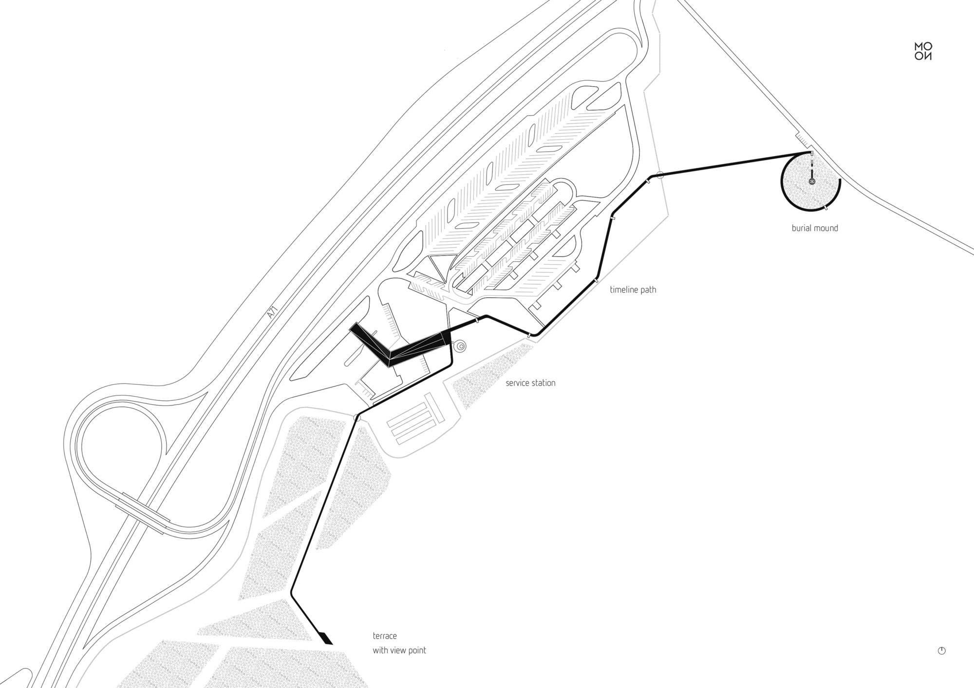 Site plan drawing showing a building footprint alongside roadways and topographic contours
