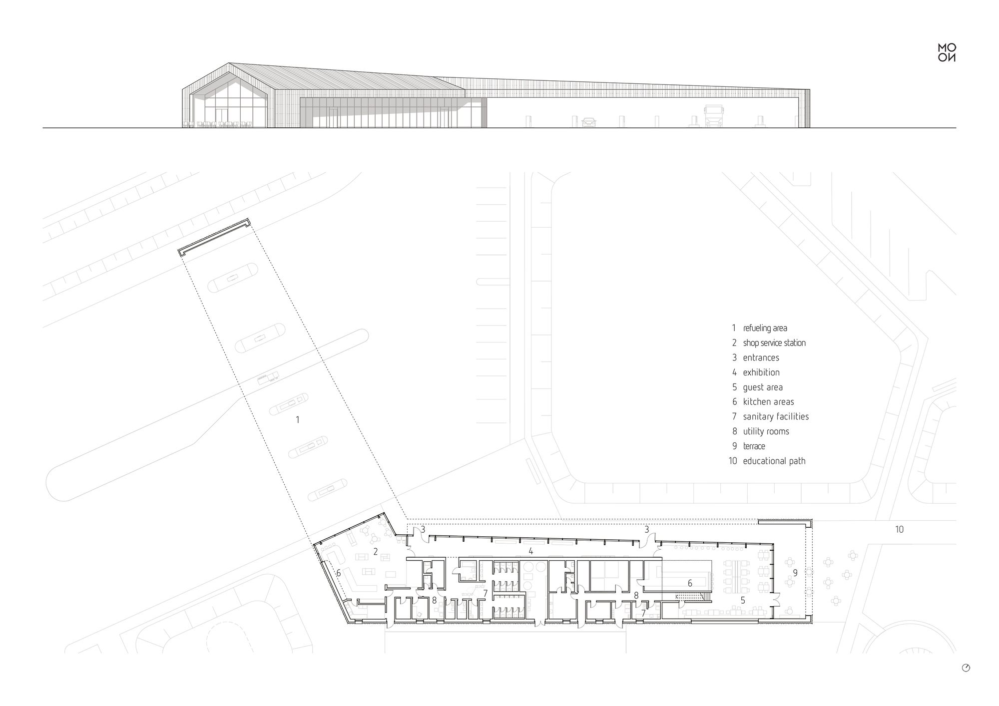 Elevation and floor plan drawings showing the building profile and interior room layout