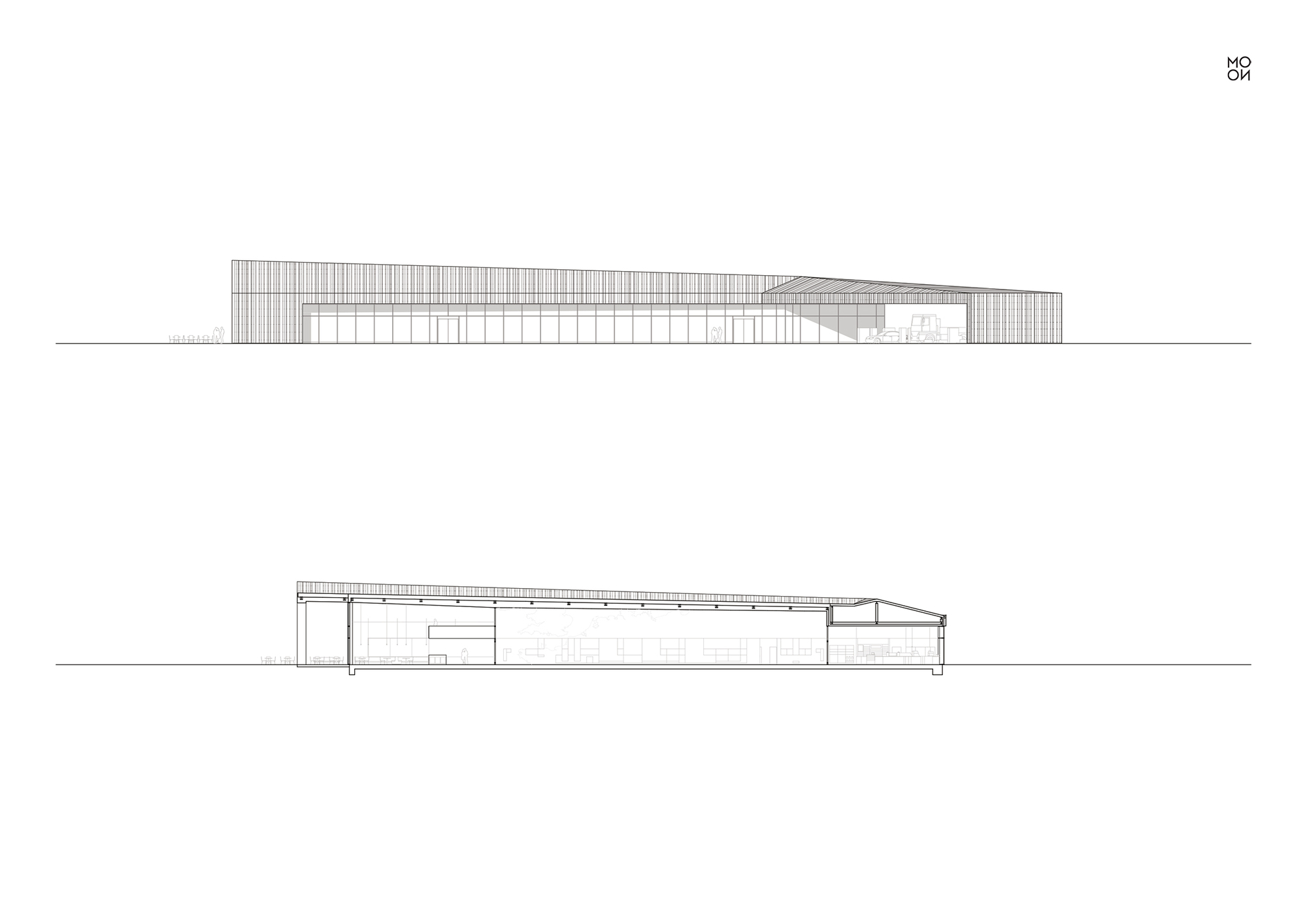 Elevation and section drawings showing a long horizontal volume with sloping roof and clerestory glazing