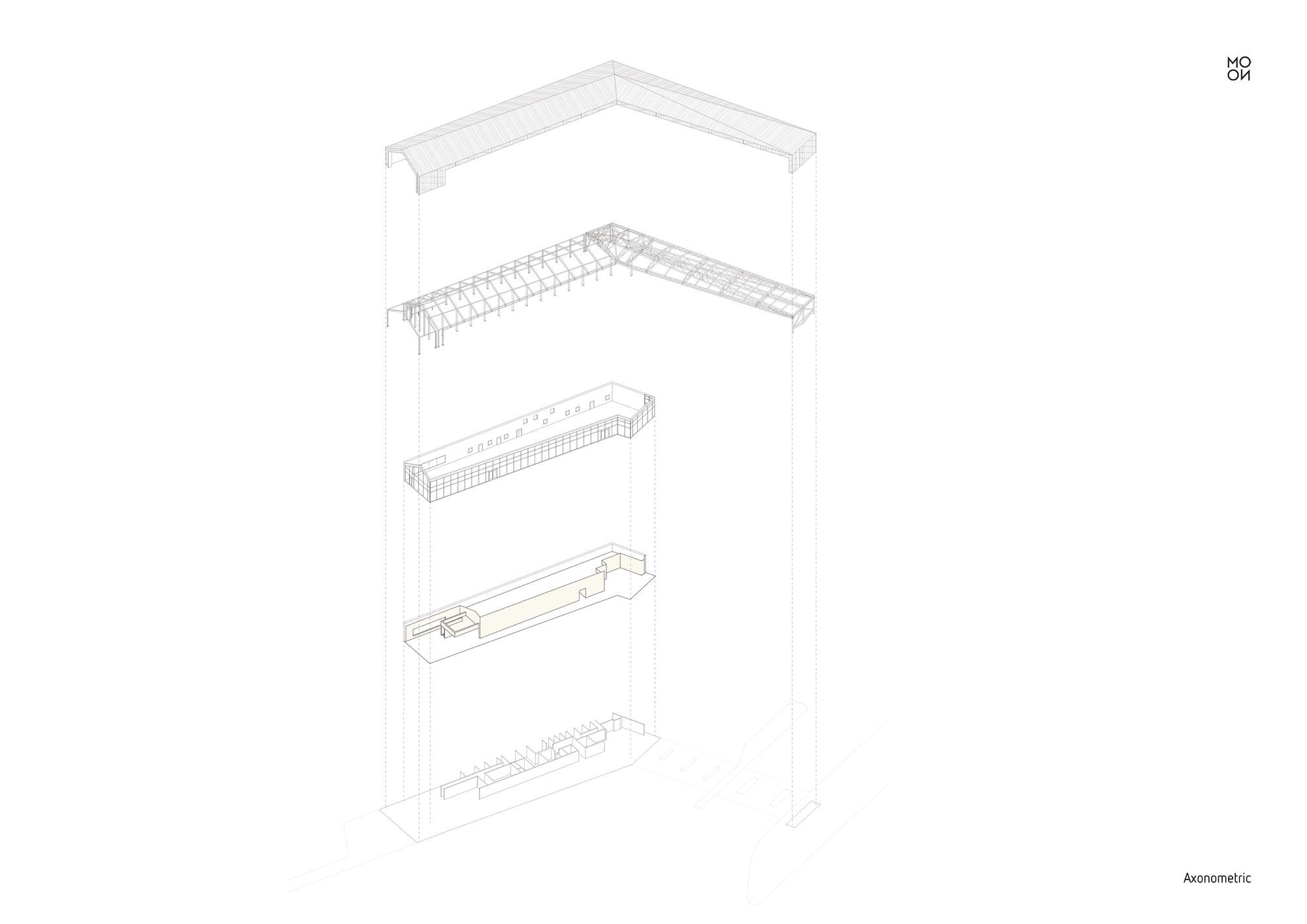 Axonometric drawing revealing five exploded layers of the building structure and roof assembly