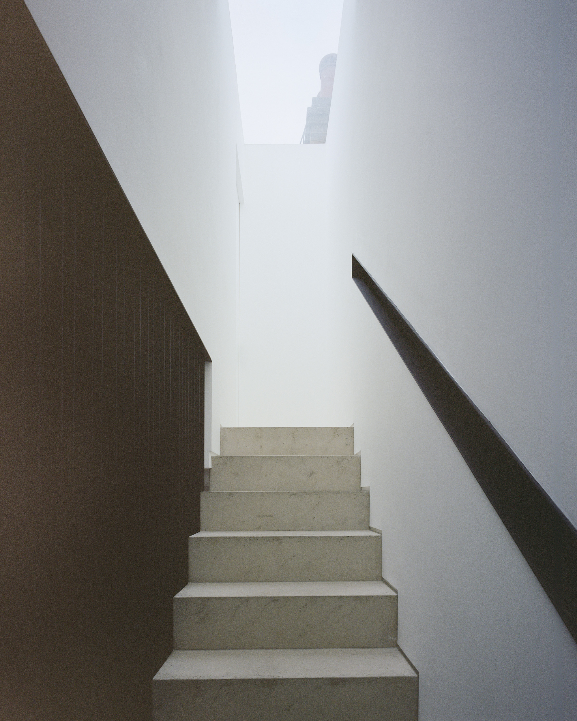 Looking up concrete stairwell with vertical timber cladding and skylight above