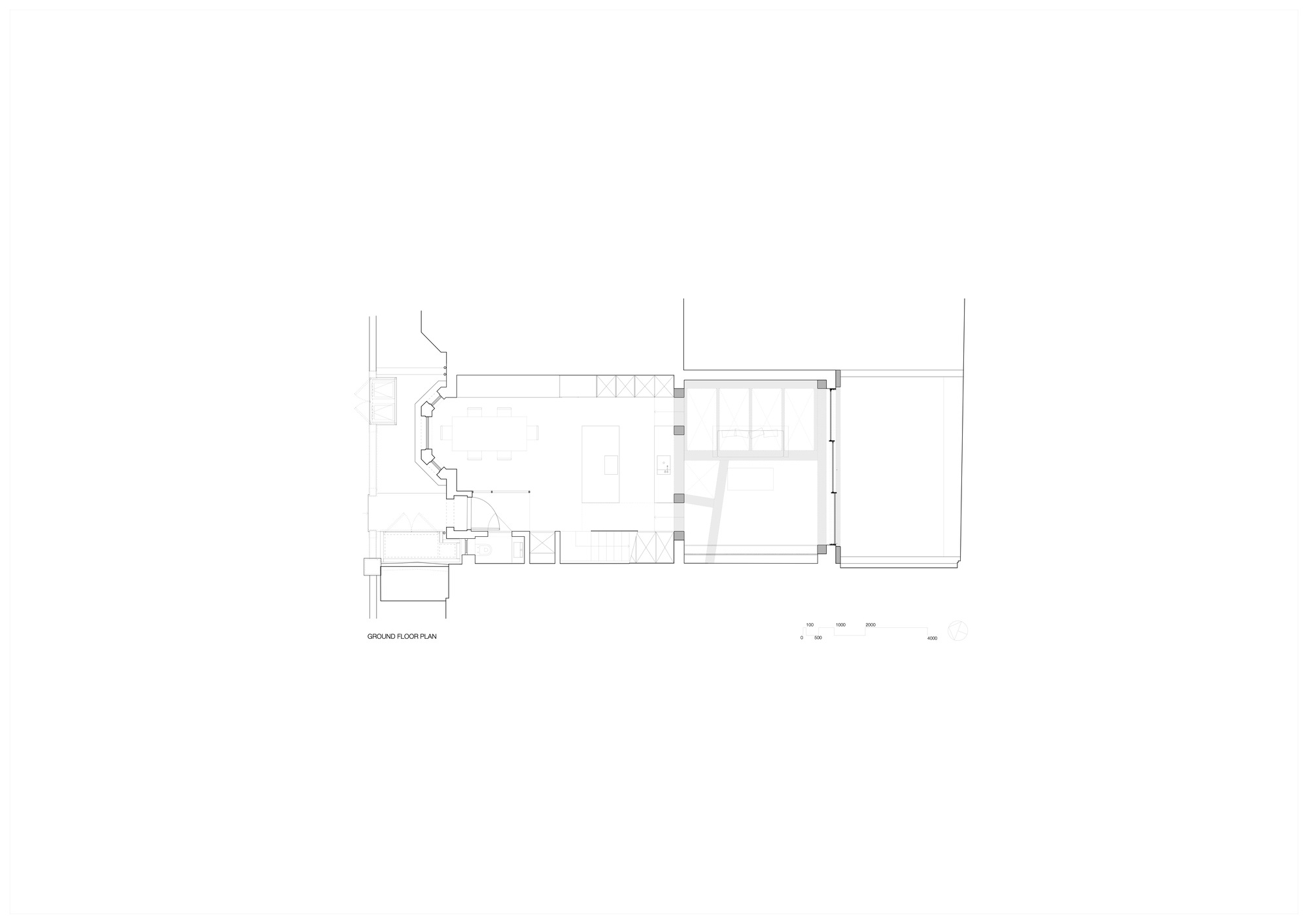 Ground floor plan drawing showing a curved bay window and stair with adjacent rooms