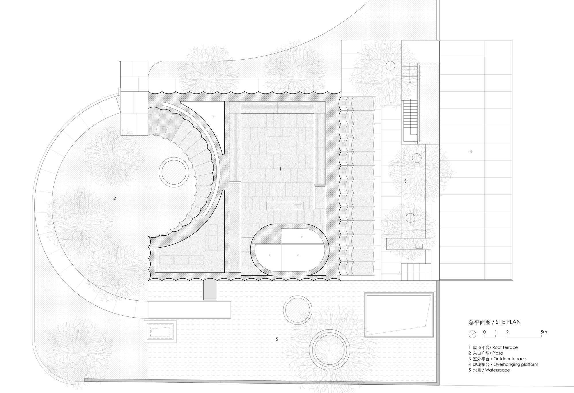 Site plan drawing showing a curved courtyard, rectangular pool, and planted terraces with trees