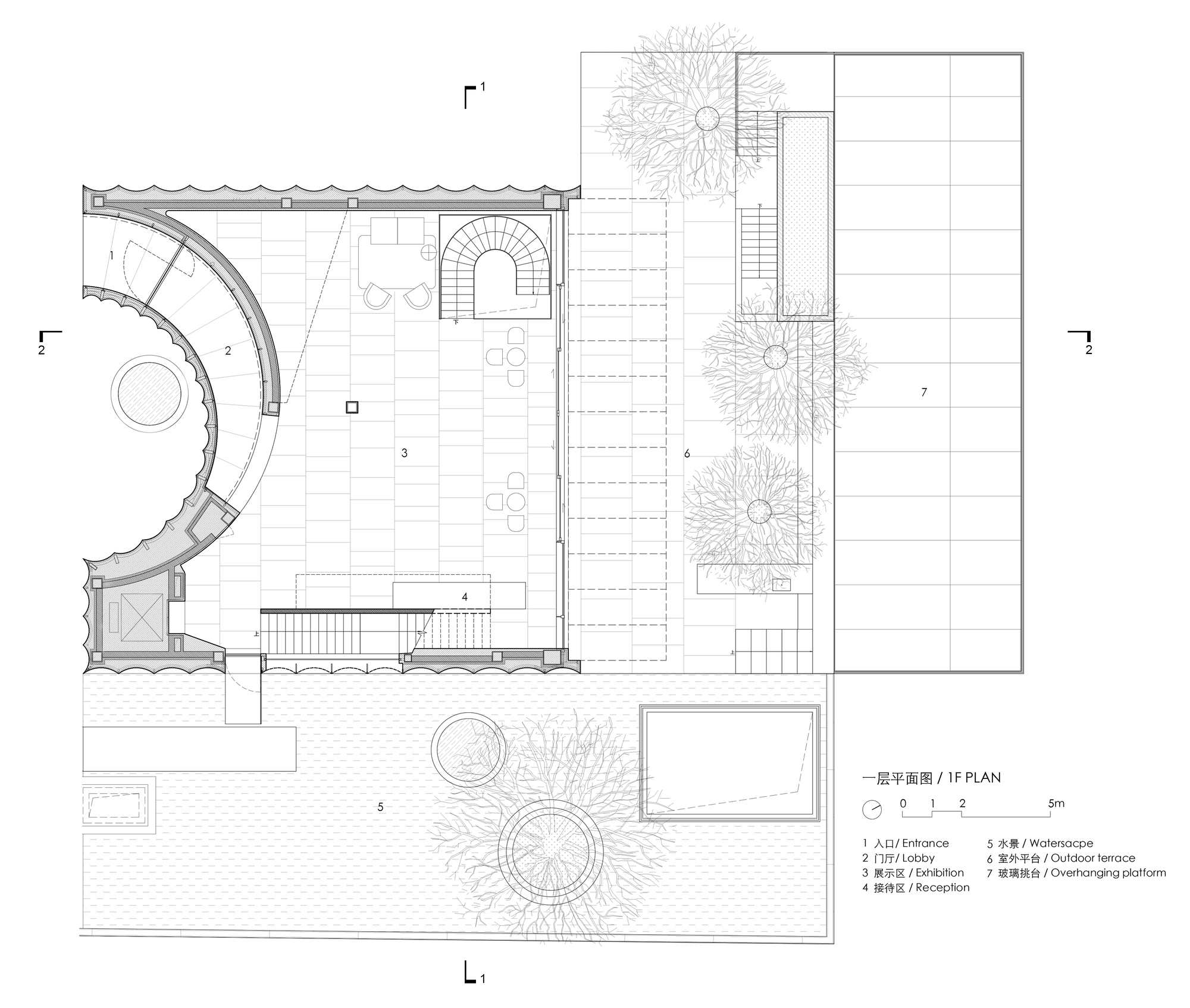 Ground floor plan drawing showing curved lobby walls, outdoor terrace with plantings, and central staircase