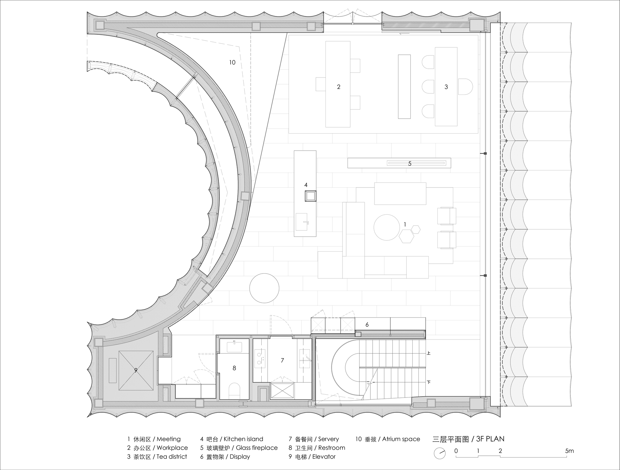 Third floor plan drawing showing curved perimeter wall, atrium space, and central service core