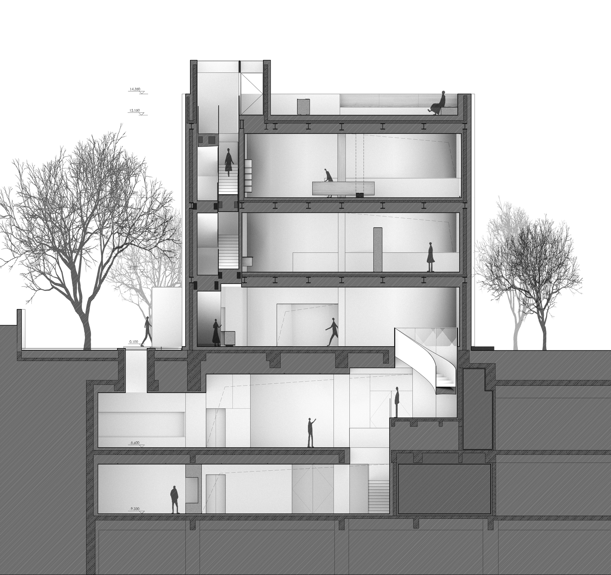 Section drawing showing multi-level spaces with staircases, interior voids, and bare trees flanking the structure