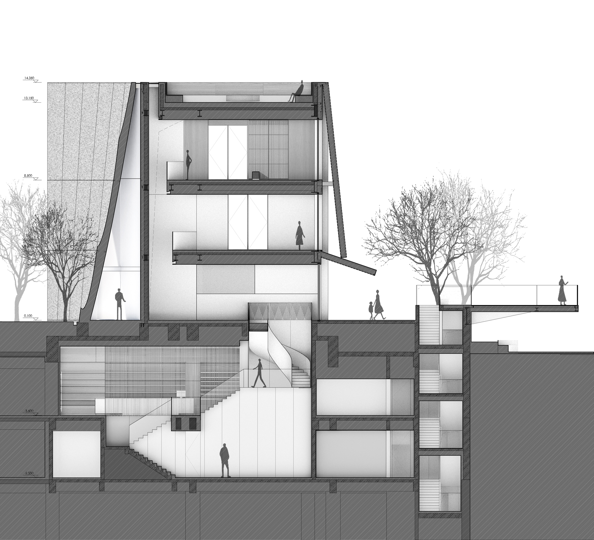 Section drawing revealing a central spiral staircase within a tall atrium with adjacent rooms and trees