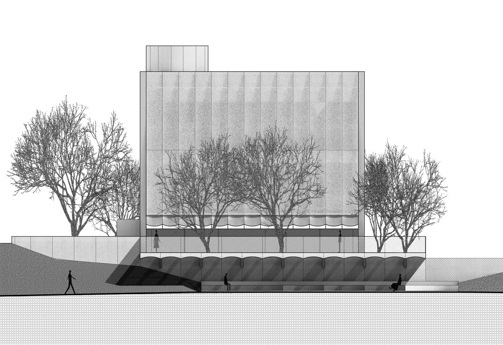 Elevation drawing of a vertical ribbed facade with a recessed base and winter trees in foreground