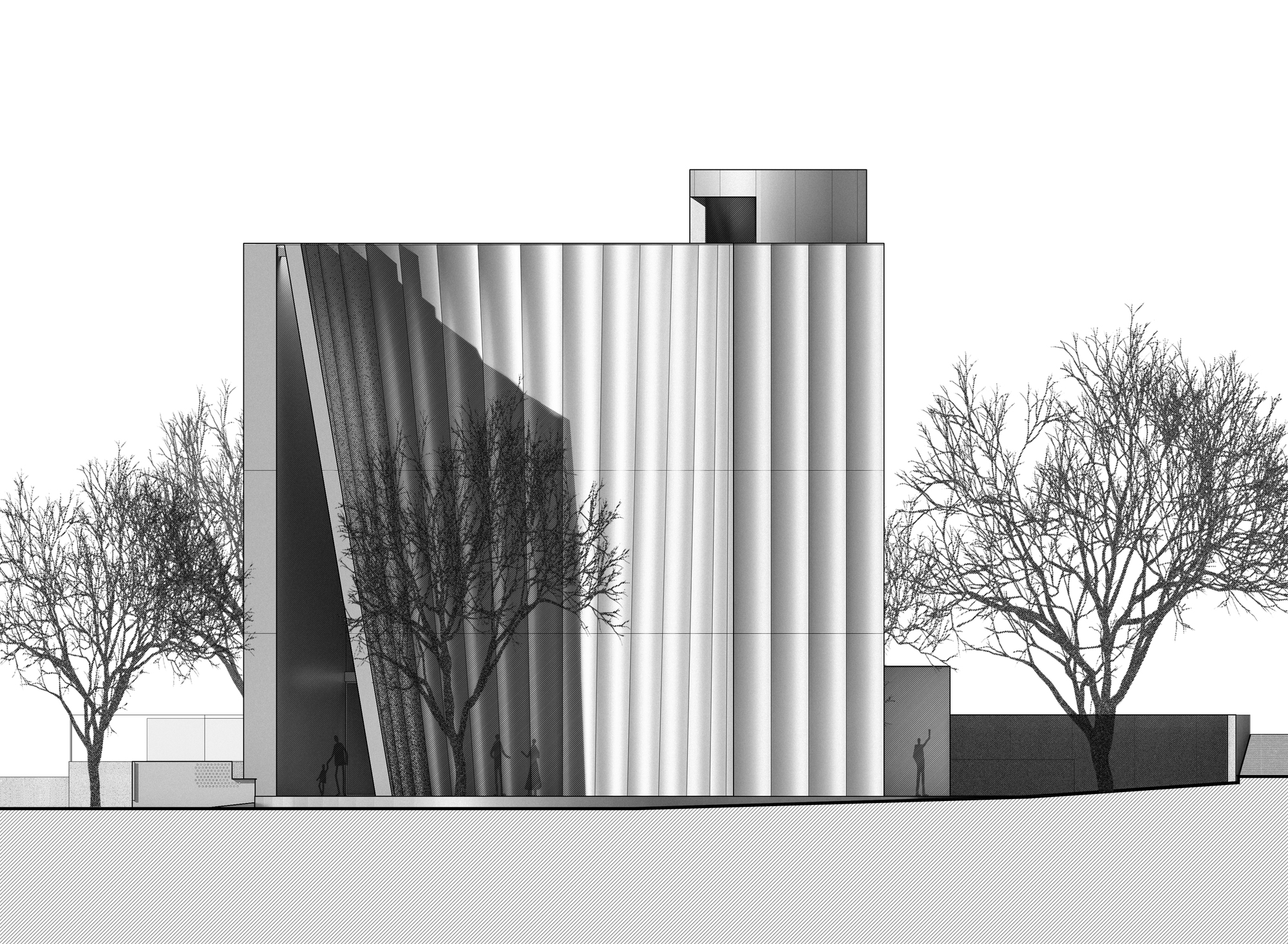 Elevation drawing of the fluted facade with diagonal glazing slash and deciduous trees on either side