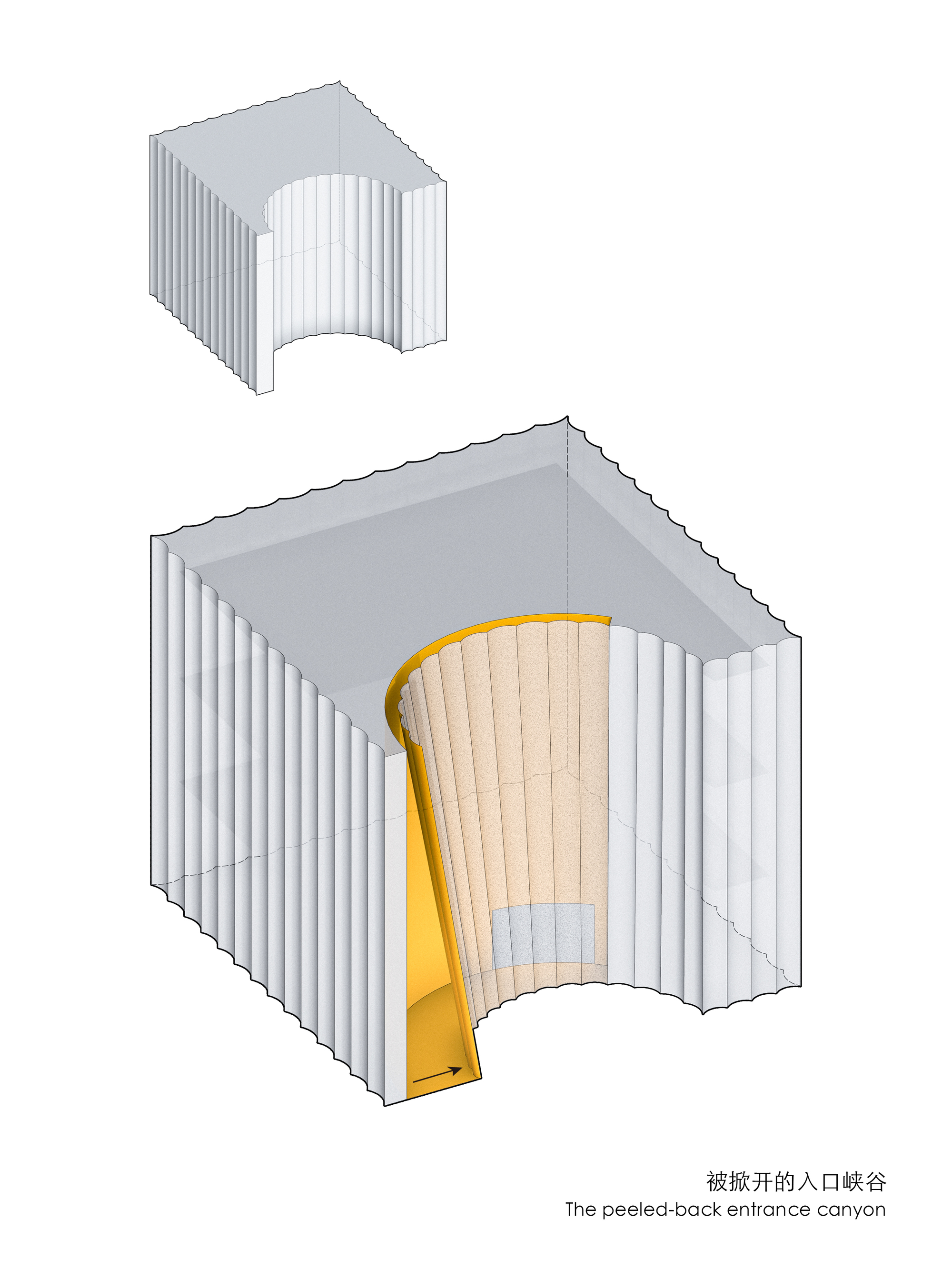 Axonometric drawing of entrance canyon with peeled corrugated envelope and curved interior void
