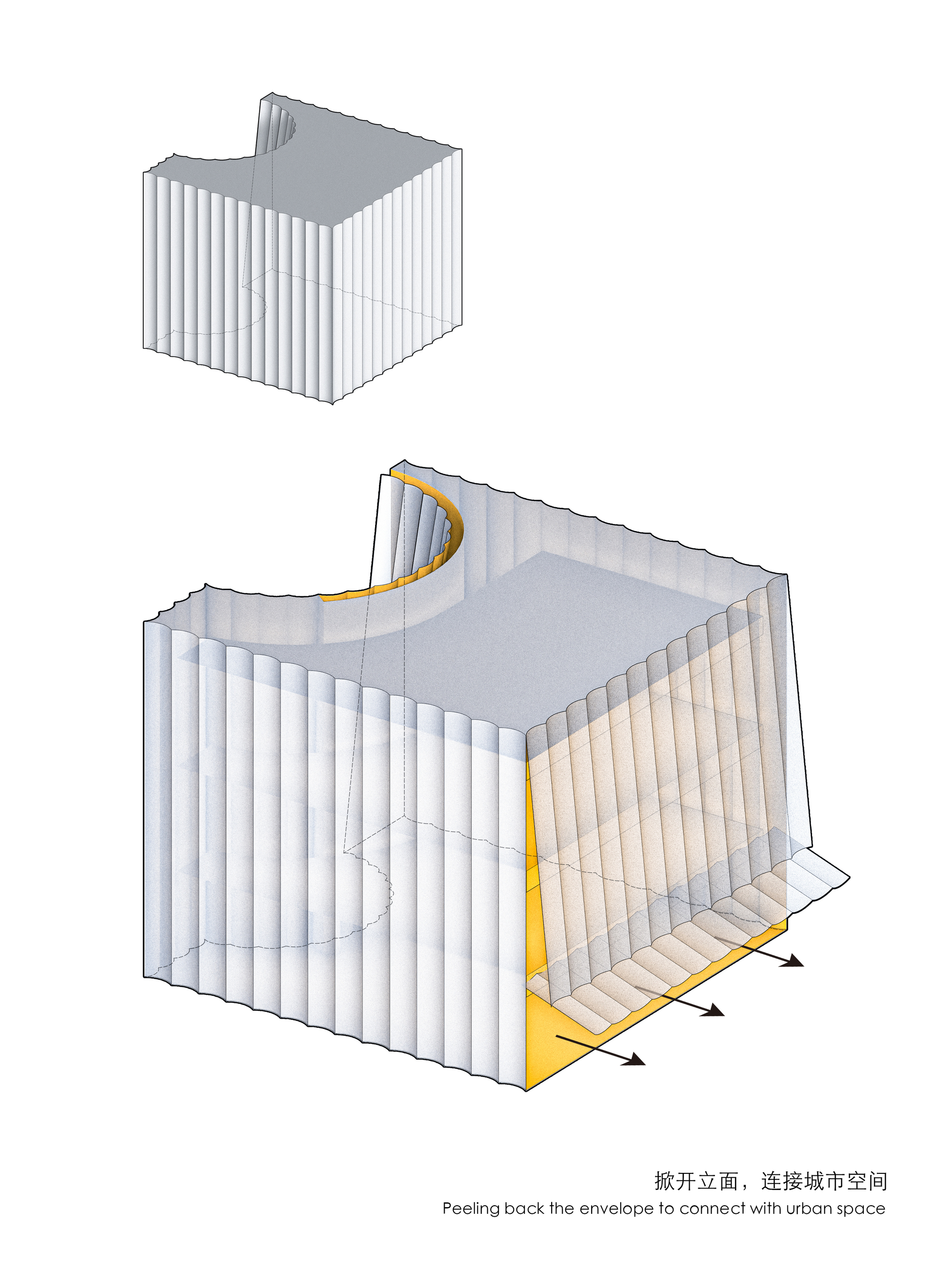 Axonometric drawing showing peeled facade revealing interior staircase connecting to urban space