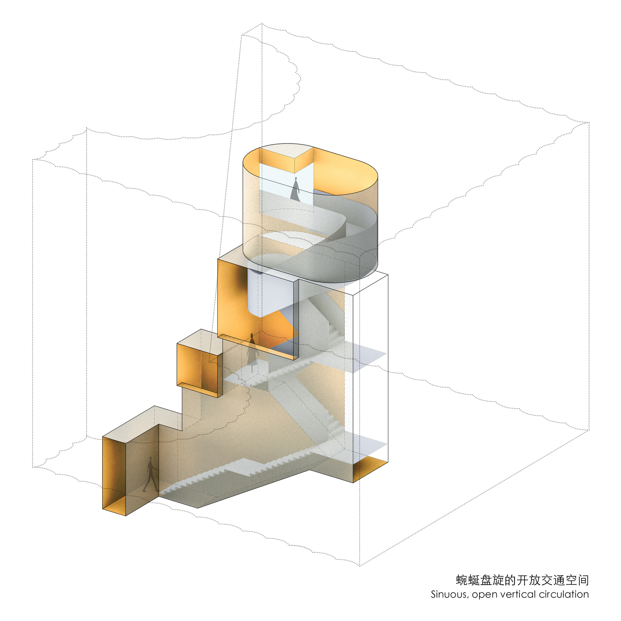 Cutaway axonometric drawing revealing spiraling vertical circulation through multiple open floor plates