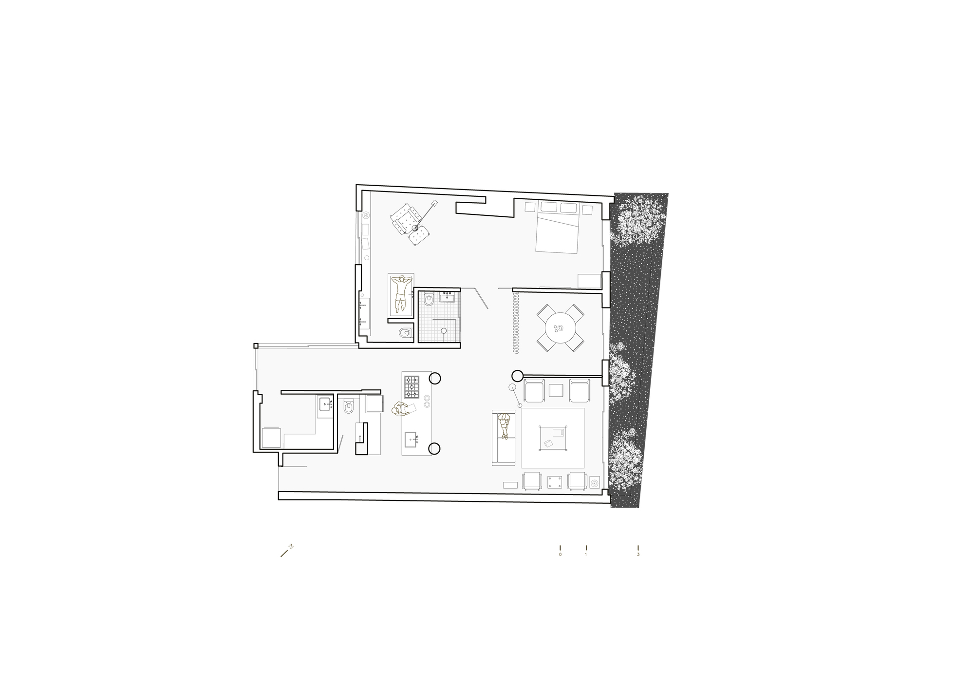 Floor plan drawing showing an L-shaped apartment with living area, bathroom, bedroom and planted terrace