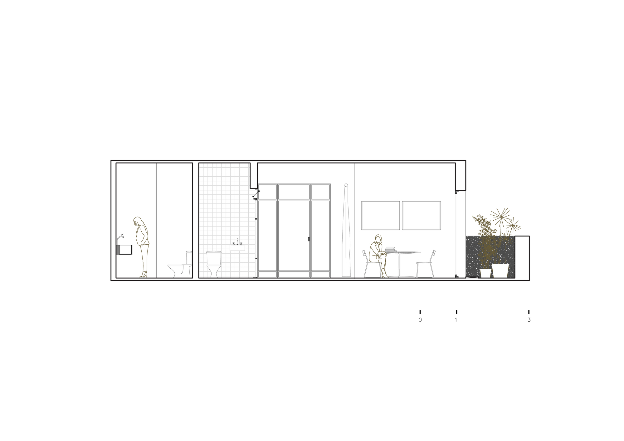 Section drawing cutting through bathroom, bedroom and living spaces with figures and planted terrace